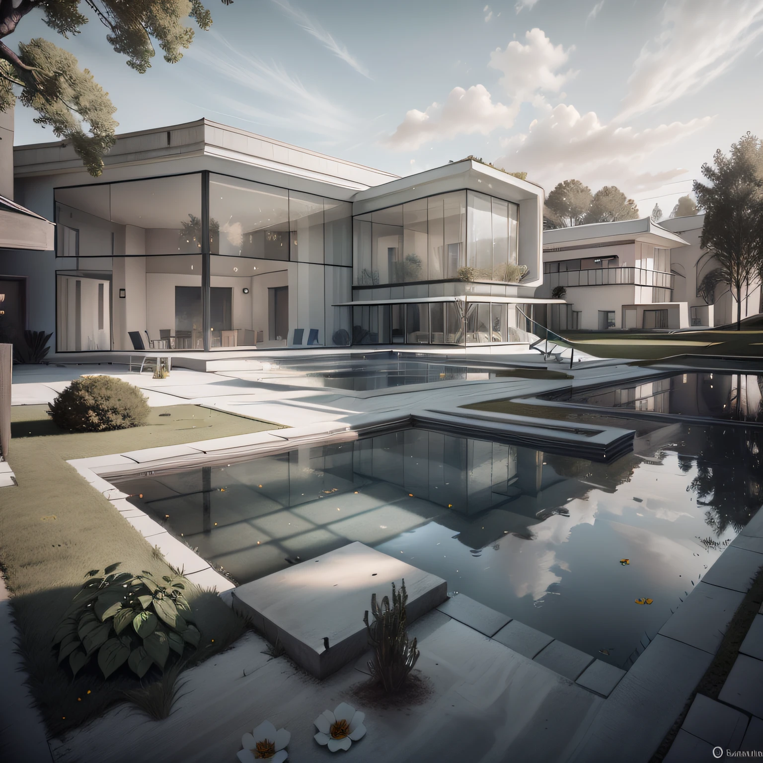 Organic modern architecture on a fairly large plot, from , there is a swimming pool in the middle of a large house of a flower, color of the house in chocolate brown and black beams, large modern residence, flat roofs and garden, render luxcore, render oktane, a photorealistic rendering, architectural rendering, mantra rendering, architectural rendering, realistic rendering, architectural visualization, wellness pool,  Architectural visualization, large green zones, with small zones of lavender flowers, green shrubs type lush green garden, as well as small water mirrors, swimming pool embedded in an area of sand, olive and pine trees around the house, paddle court next to the house