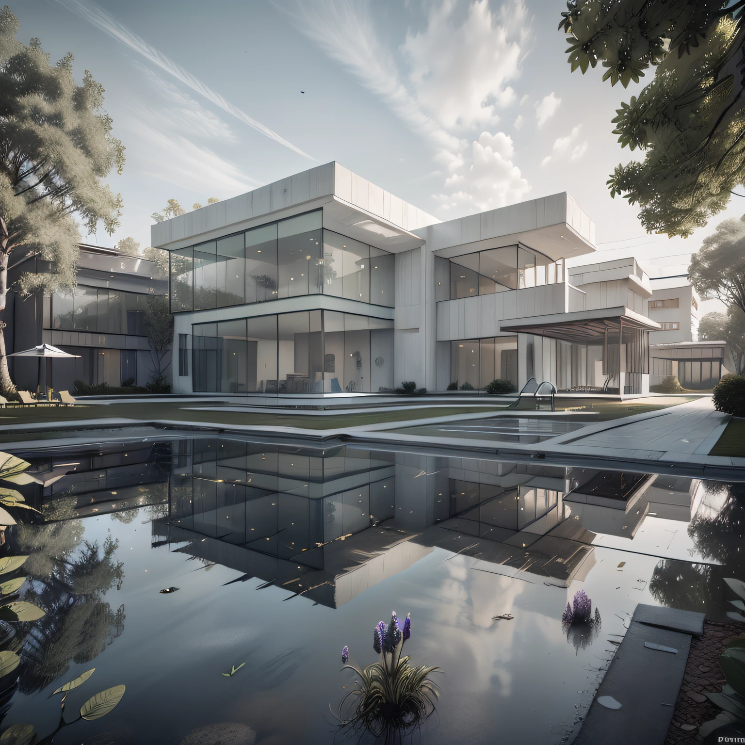 Organic modern architecture on a fairly large plot, from , there is a swimming pool in the middle of a large house of a flower, color of the house in chocolate brown and black beams, large modern residence, flat roofs and garden, render luxcore, render oktane, a photorealistic rendering, architectural rendering, mantra rendering, architectural rendering, realistic rendering, architectural visualization, wellness pool,  Architectural visualization, large green zones, with small zones of lavender flowers, green shrubs type lush green garden, as well as small water mirrors, swimming pool embedded in an area of sand, olive and pine trees around the house, paddle court next to the house