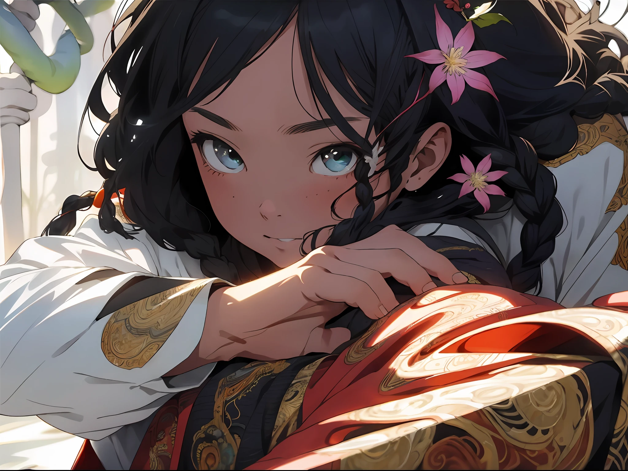 realisticlying,(tmasterpiece,top Quority,best qualtiy,offcial art,Beauty and aesthetics:1.2),The is very detailed,s fractal art,Colorful,Most detailed,zentangle,Kamimei,black color hair,long whitr hair,Twist braids,mistic,(magia),snowflower,Beautiful girl,Kneel on the ground and pray