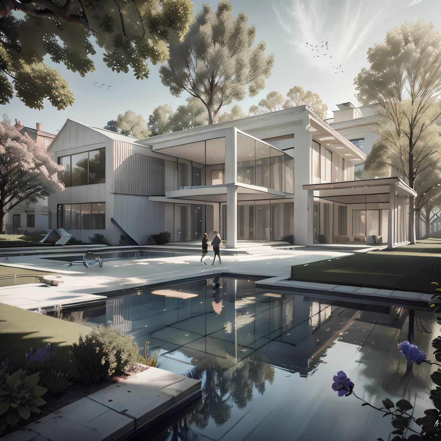 Organic modern architecture on a fairly large plot, from , there is a swimming pool in the middle of a large house of a flower, color of the house in chocolate brown and black beams, large modern residence, flat roofs and garden, render luxcore, render oktane, a photorealistic rendering, architectural rendering, mantra rendering, architectural rendering, realistic rendering, architectural visualization, wellness pool,  Architectural visualization, large green zones, with small zones of lavender flowers, green shrubs type lush green garden, as well as small water mirrors, swimming pool embedded in an area of sand, olive and pine trees around the house, paddle court next to the house