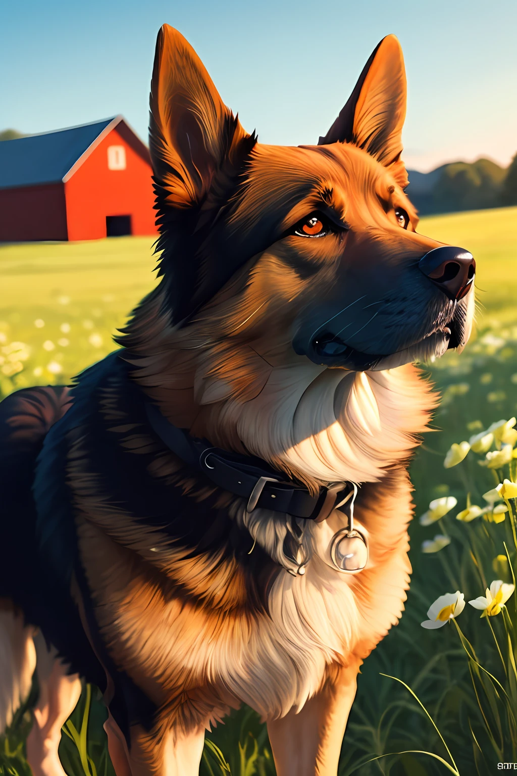 A majestic German Shepherd dog standing guard in a lush green meadow, his thick double coat shines in the golden hour sun, intricate patterns of black, tan and brown fur with highlights and shadows, his muscular body is poised and alert, perked ears point straight up, wise brown eyes look directly at the viewer intensely, his tail is lowered and ready for action, highly detailed portrait showing the texture of his fur, in the background is a classic red barn, focused gaze with sense of duty, photorealistic painting --auto