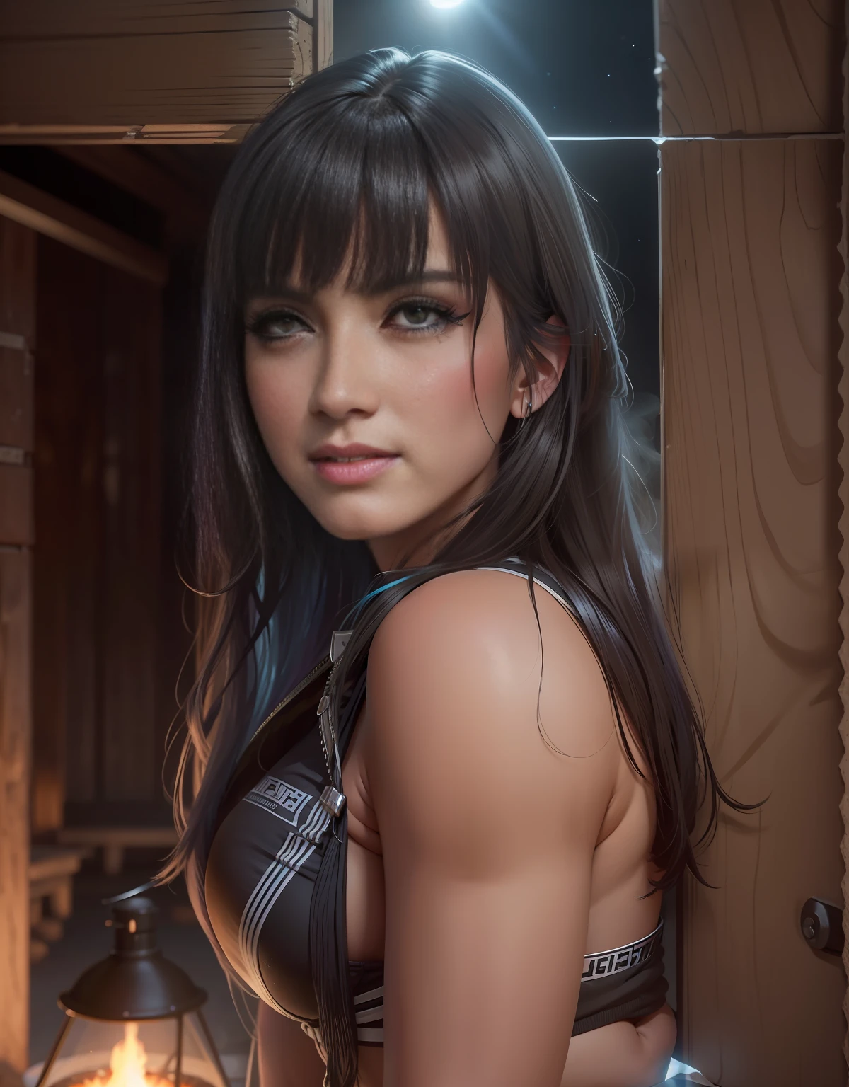 mulher arafed com cabelo preto longo, Retrato de Ana de la Reguera, Ela tem cabelo preto com franja, Parece Laura Barriales, cabelo preto longo com franja, com franja, fernanda suarez, Marta Syrko, cabelo blackbangs cabelo, com cabelos pretos, Alanis Guillen, Anastasia Ovchinnikova, Carola Rubio ((selfie da parte superior do corpo, feliz)), obra-prima, melhor qualidade, ultradetalhado, solo, ao ar livre, (noite), montanhas, natureza, (estrelas, lua) alegre, feliz, mochila, saco de dormir, camping stove, bottled water, botas de montanha, luvas, pullover, kalap, lanterna, floresta, pedras, rio, madeira, smoke billowing, sombras, contraste, clear sky, estilo (matiz quente, tom quente): 1.2), close-up, cinematiclight, side-lighting, Ultra high resolution, melhor sombra, RAW, parte superior do corpo, Wearing Pullover Kodak Vision 3, --auto