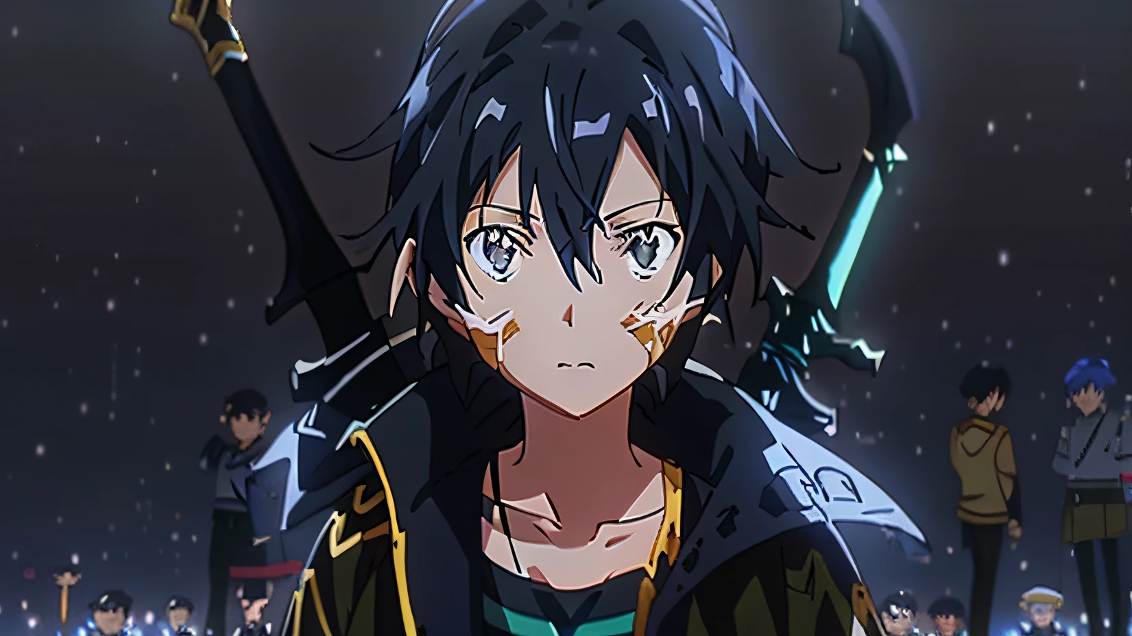 It burned violently at dawn,The sword,The scene at the end of the episode,Close-up Shot Shot,Kazuto Okada,Animated clock,Brilliant starry sky,《sword art online》Heroic image in ,Animation style from the 2012s,Colorful anime and manga styles,Charming young anime characters,The best picture of the moment,Magical animated stills。