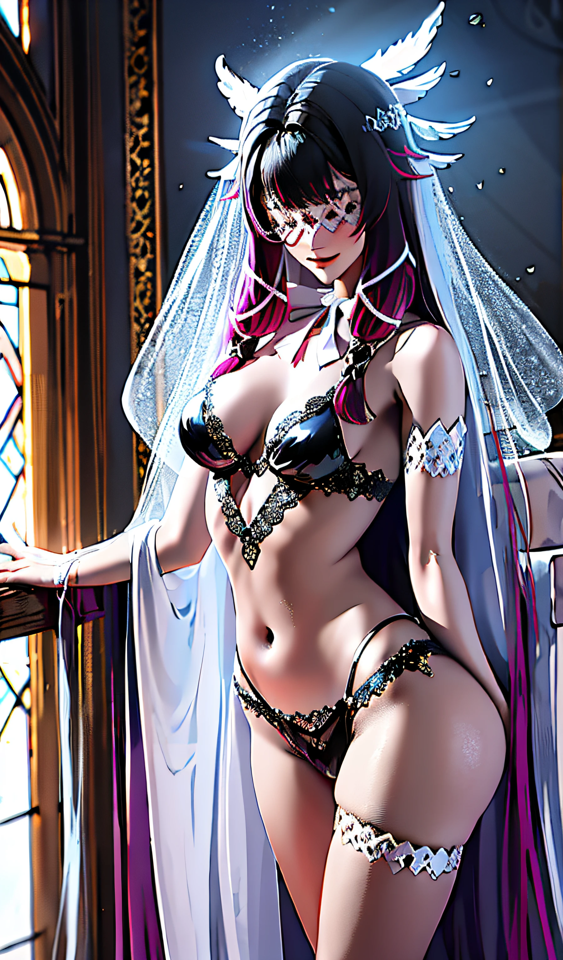 （（tmasterpiece，best qualtiy）），perfect  detail，Unity 8k壁纸，offcial art，Genshin Impact，Young and beautiful girl，独奏 ,  flatchest，shiny skins，Gorgeous Hair in Long Purple，Exquisite Hair，Short smile，eye closeds，Keep your eyes closed，（（White grid-like veil）），A shy expression  ， sexyposture，（Perfect Finger），seduce，seductiv，standing on your feet，In the background is a fantastic church，As estrelas，themoon，thin fog，rim-light，Realistic light and shadow，closeup cleavage， Head wings， White silk long legs， Beth， Pointy ears