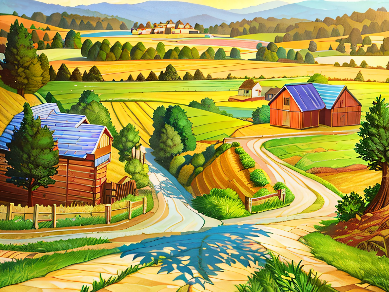 high quality comic of country road winding through fields and pastures and hills by artist john sloane