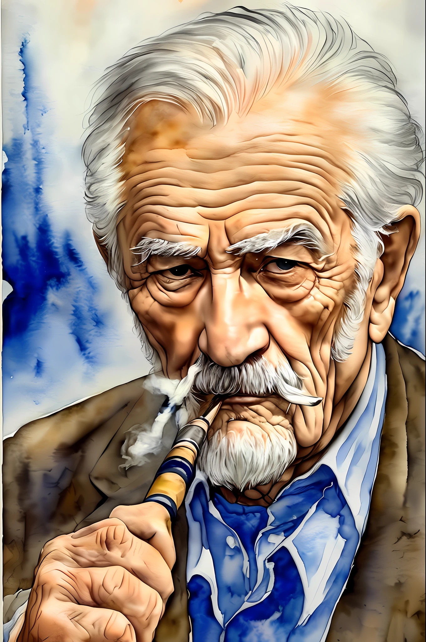 masterpiece, best quality, an old man, wearing a had, smoking a pipe, smoked, watercolor,