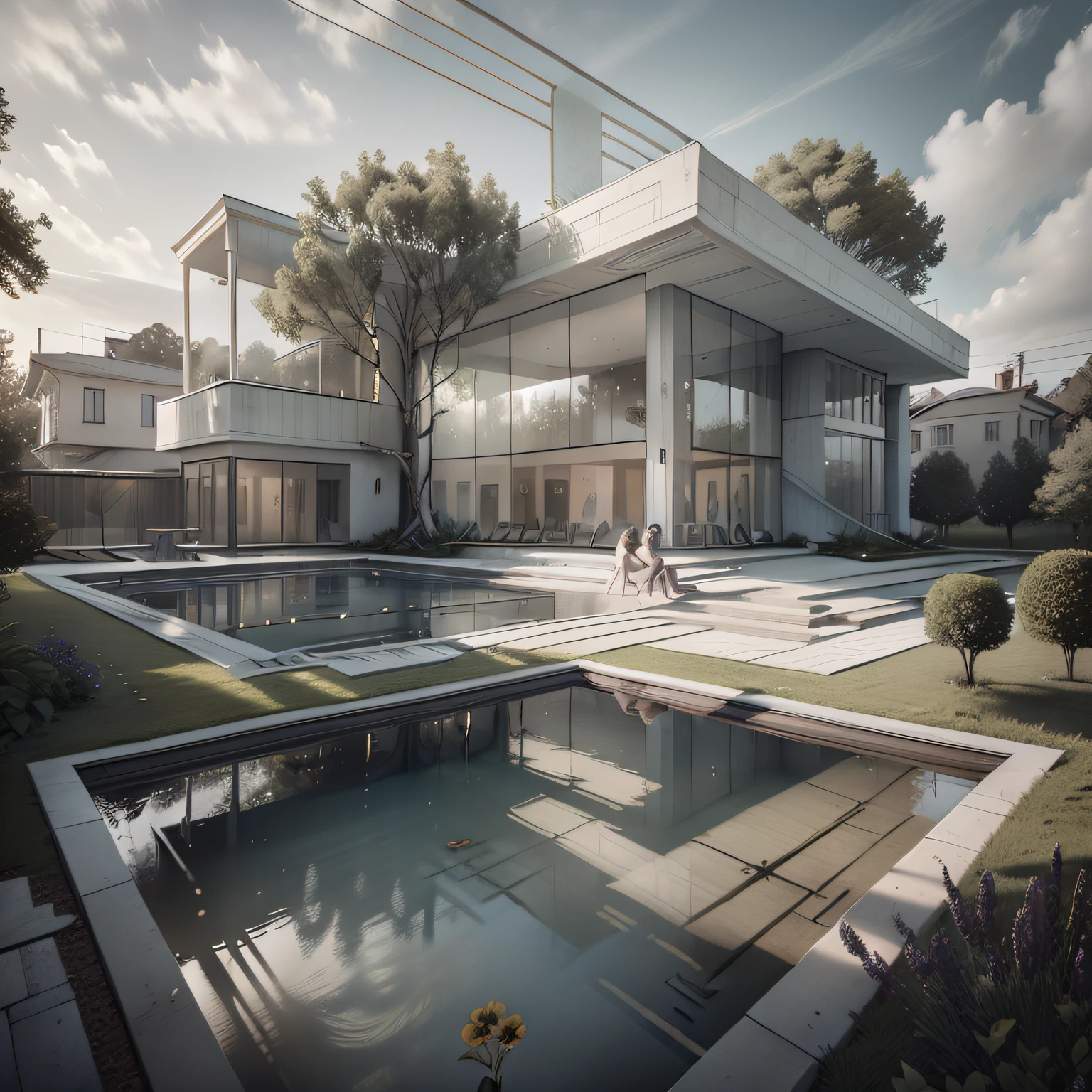 Organic modern architecture on a fairly large plot, from , there is a swimming pool in the middle of a large house of a flower, color of the house in chocolate brown and black beams, large modern residence, flat roofs and garden, render luxcore, render oktane, a photorealistic rendering, architectural rendering, mantra rendering, architectural rendering, realistic rendering, architectural visualization, wellness pool,  Architectural visualization, large green zones, with small zones of lavender flowers, green shrubs type lush green garden, as well as small water mirrors, swimming pool embedded in an area of sand, olive and pine trees around the house, paddle court next to the house