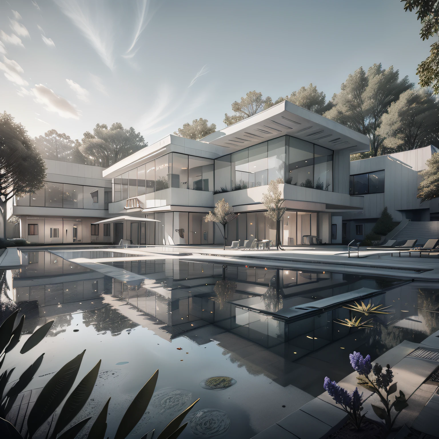 Organic modern architecture on a fairly large plot, from , there is a swimming pool in the middle of a large house of a flower, color of the house in chocolate brown and black beams, large modern residence, flat roofs and garden, render luxcore, render oktane, a photorealistic rendering, architectural rendering, mantra rendering, architectural rendering, realistic rendering, architectural visualization, wellness pool,  Architectural visualization, large green zones, with small zones of lavender flowers, green shrubs type lush green garden, as well as small water mirrors, swimming pool embedded in an area of sand, olive and pine trees around the house, paddle court next to the house