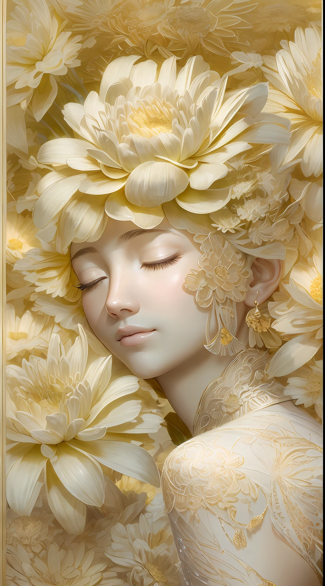 illustration: 1.3), Gold engraving, 3D rendering of, , (Beautiful side face, closing her eyes: 1.3), (Rose: 1.2) (chrysanthemums: 1.2), , Best quality, Detailed details, Masterpiece, offcial art, movie light effect, 4K, Chiaroscuro , Flash