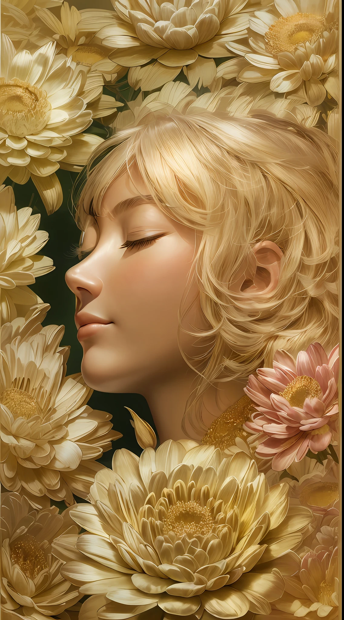 illustration: 1.3), Gold engraving, 3D rendering of, , (Beautiful side face, closing her eyes: 1.3), (Rose: 1.2) (chrysanthemums: 1.2), , Best quality, Detailed details, Masterpiece, offcial art, movie light effect, 4K, Chiaroscuro , Flash