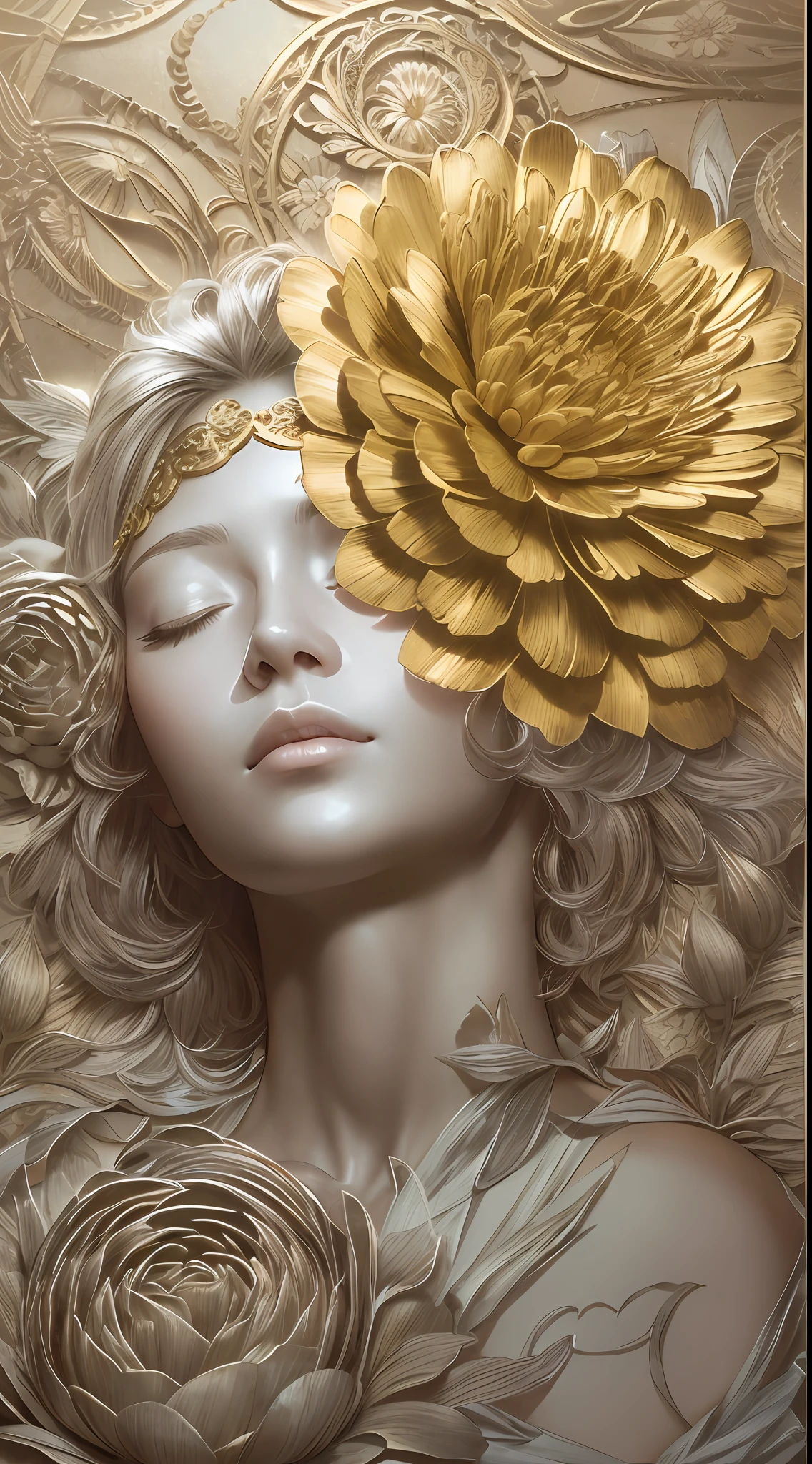 illustration: 1.3), Gold engraving, 3D rendering of, , (Beautiful side face, closing her eyes: 1.3), (Rose: 1.2) (chrysanthemums: 1.2), , Best quality, Detailed details, Masterpiece, offcial art, movie light effect, 4K, Chiaroscuro , Flash
