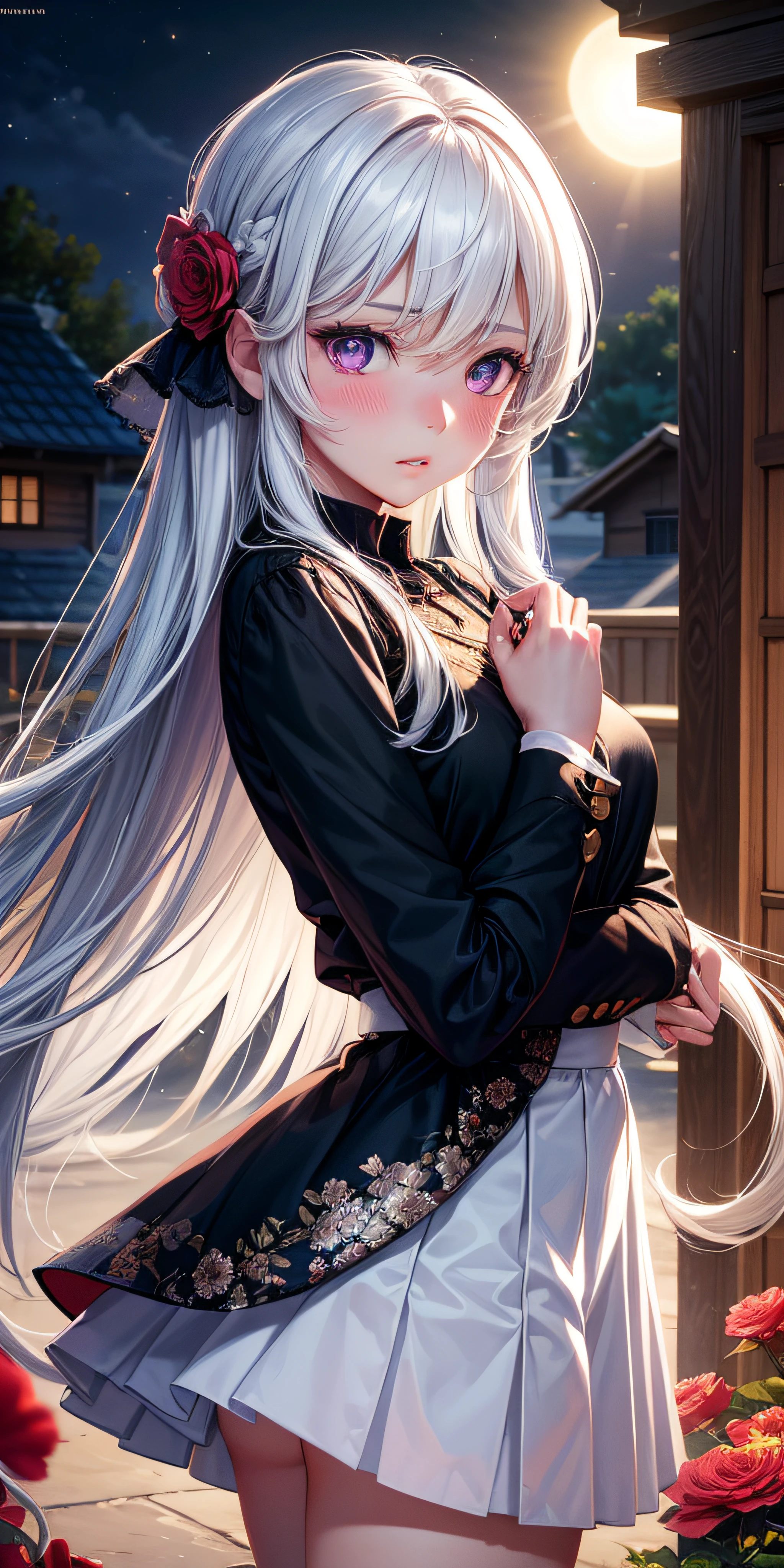 realistic, 1girl, white hair, purple eyes, glowing eyes, top, skirt, parted lips, blush, night, flowers, sun, sunlight, cute, kawaii, digital art, finely detailed eyes, embarrassed expression, long_hair, blushing, (highly detailed 8k wallpaper), best resolution, very_long_hair, masterpiece, semi-realistic