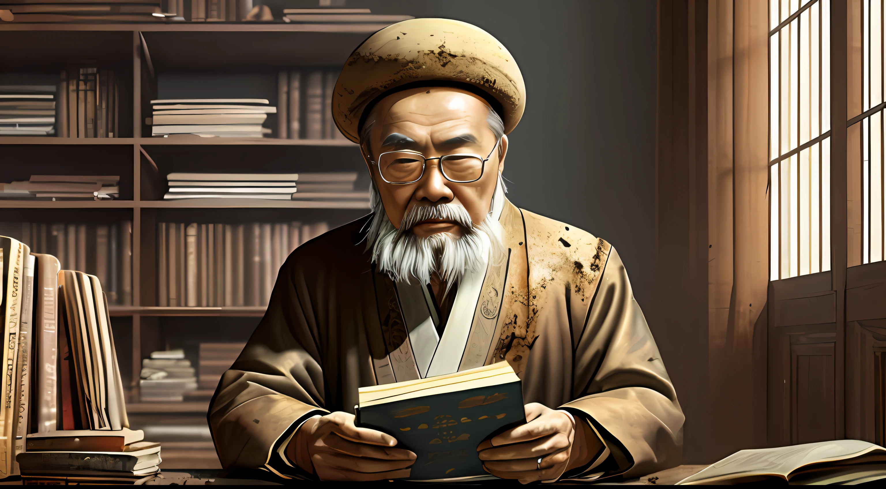 Oriental old man (Confucius), vicissitudes, bronzed skin, sage, wise old man, real, robed, holding a book, looking straight ahead, front  , obra-prima, (incrivelmente detalhada), melhor qualidade, extremamente detalhada, UHD 8k, octan render, ray tracing, fotografia premiada, fotorrealista, ambiente deslumbrante, trending on ArtStation, trend at CGSociety, ambiente complexo, alto Detalhe, dramatic, cores suaves, darkeness, lighting dramatic,arte de greg rutkowski e de moebius e de antoine mucha, estilo, (medieval:1.3), (grit:1.3), (decay:1.3),(dirt:1.3) , (darkeness:1.3) (negligence:1.2) RFKTR_sinetempore --auto --s2