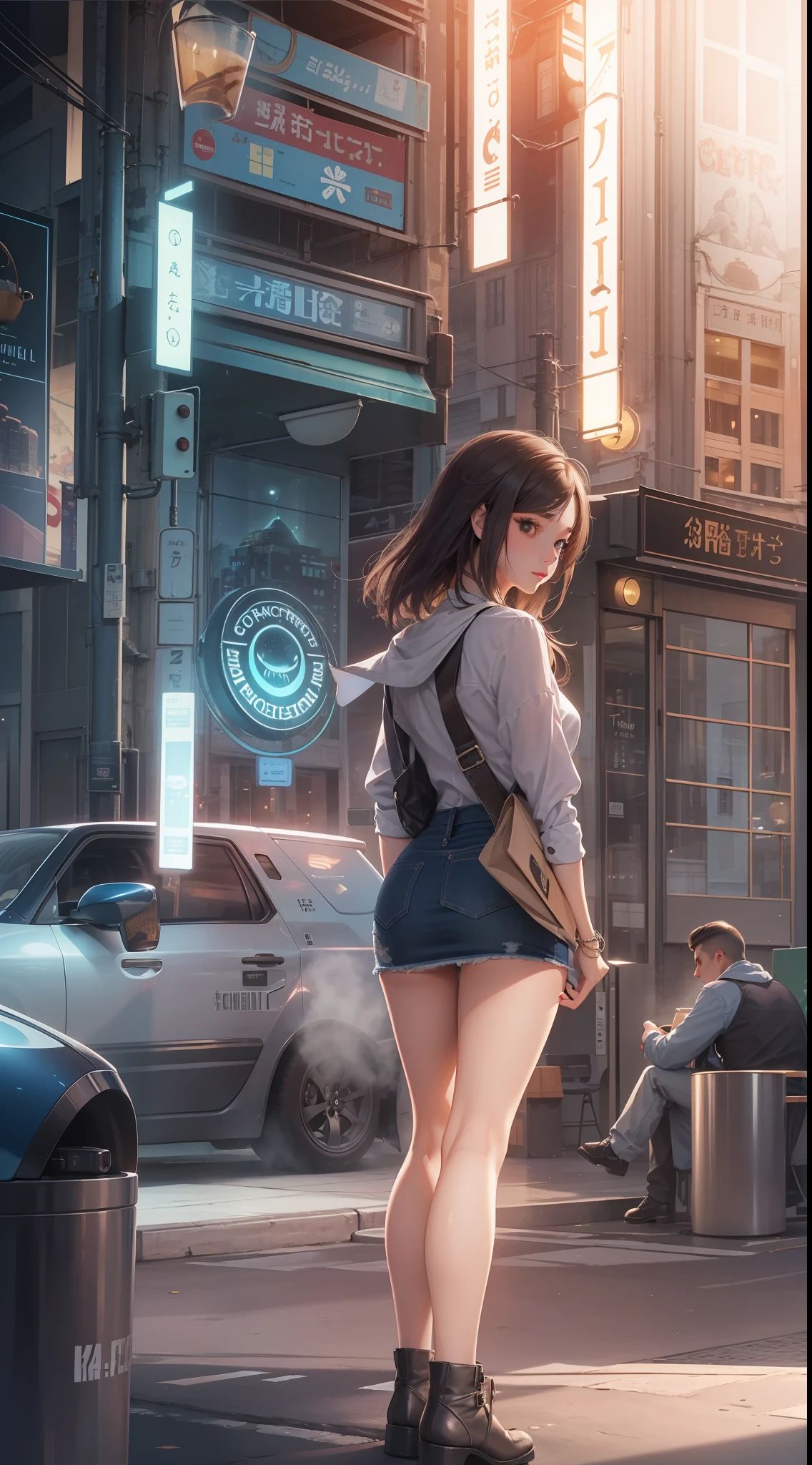 tmasterpiece,Best quality at best,highers,1girll,beauitful face,((best qualtiy)), ((tmasterpiece)), (A detailed:1.4),((full bodyesbian)),Enhanced dynamic perspective,(beautiful sexy girl,short detailed hair,Denim long skirt,Sitting in a street coffee shop,drinking a coffee),kawa,(Lunette de soleil),Come to me,Future sci-fi city street,Egg-shaped building,((Lateral face)),Street photography,Bright colors,nighttime scene,high qulity,super-fine,Detailed pubic hair,Accurate,Cinematic lighting,face_Focus,(Announcer),(NSFW)