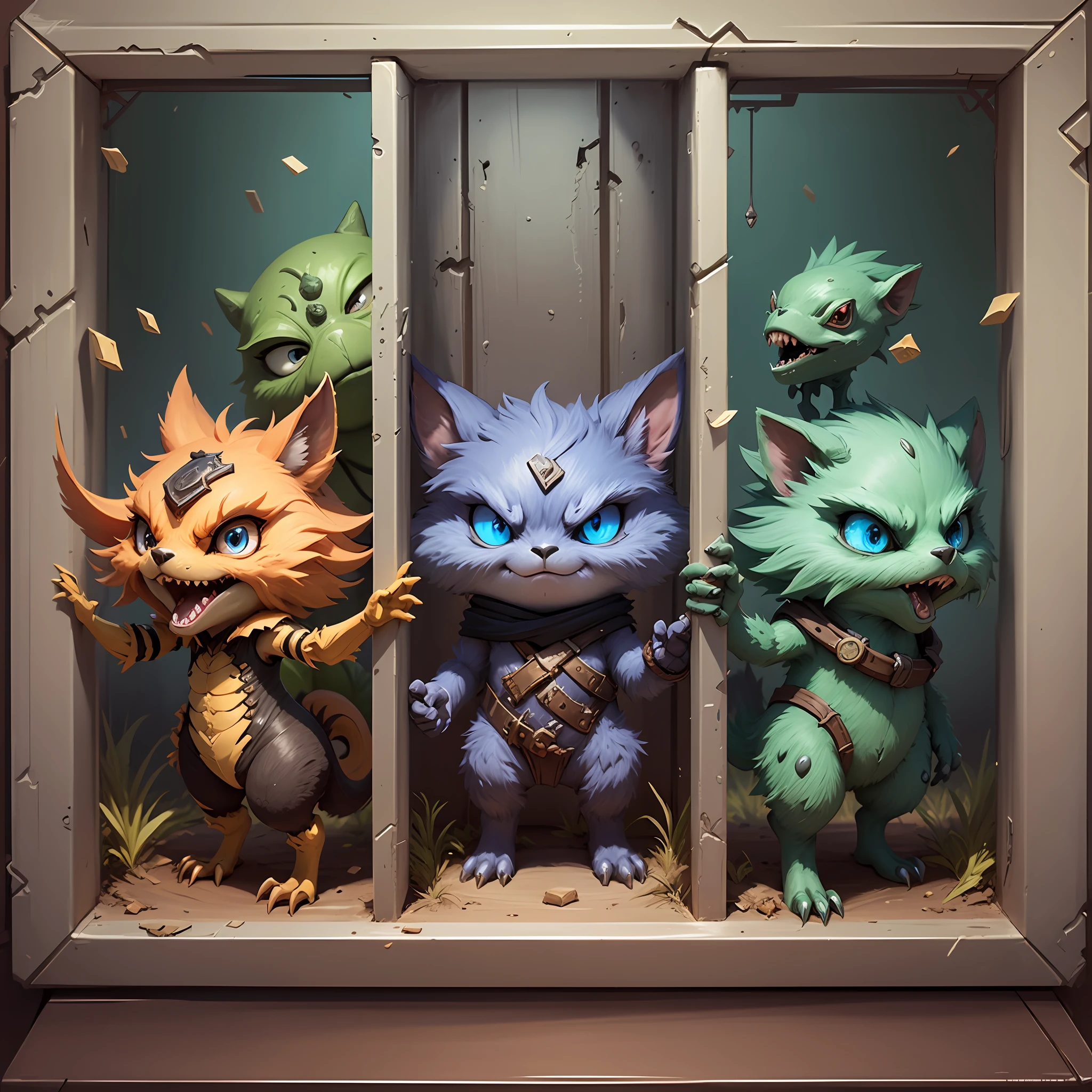 best qualtiy,tmasterpiece,Need,((Sealed wasteland punk creatures)),guarding,supporting,Hearthstone painting style,Funny expressions,Complex structures,Red and blue color scheme,Non-human(Soil attribute 1.2),Flattening(1.4),Textured,Dark simple background --auto --s2