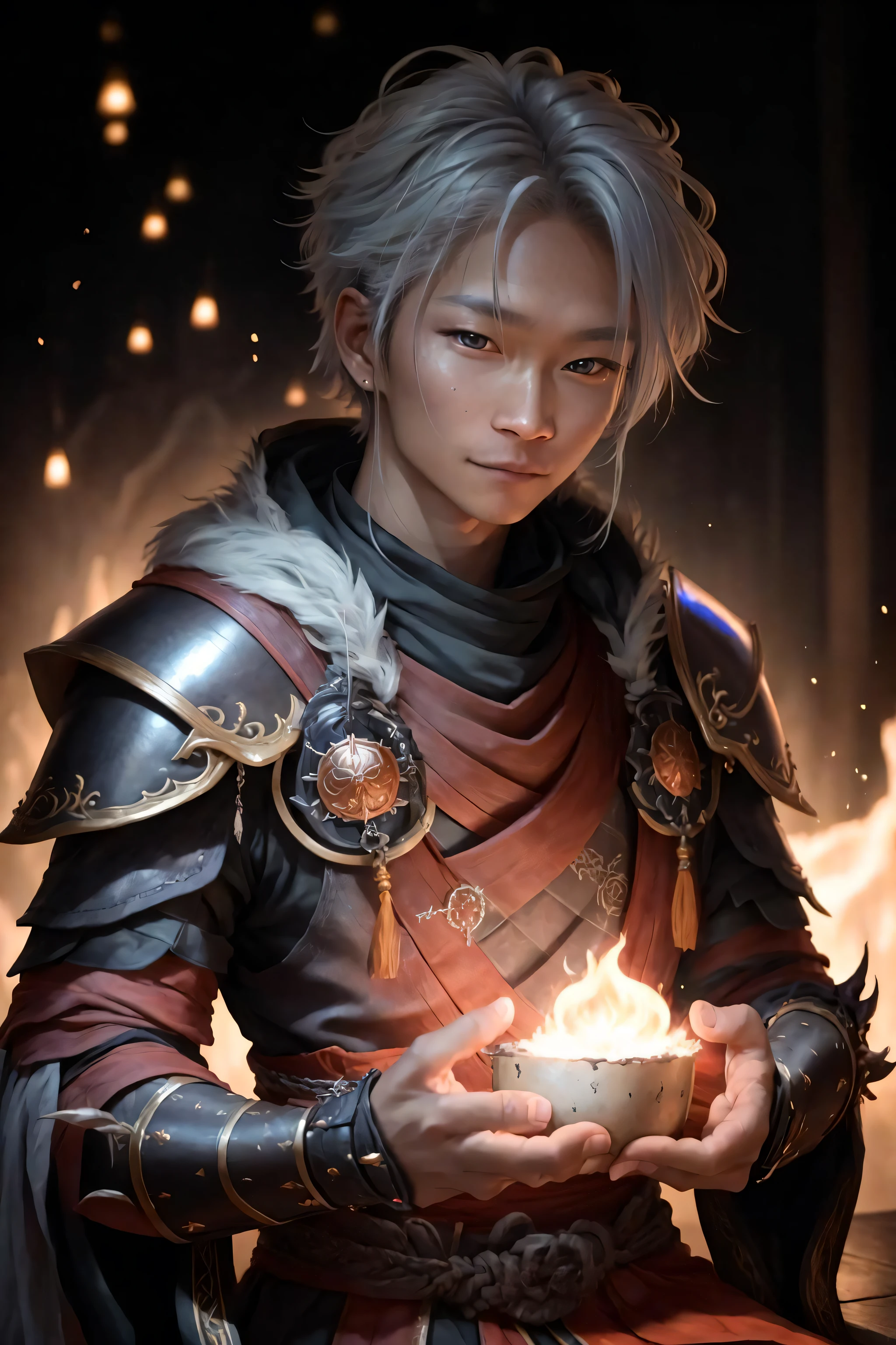 Kyo1,RAW photo, (high detailed skin:1.2), 8k uhd, dslr, soft lighting, high quality, film grain, Fujifilm XT3, sorcerer, wearing kingdom fiery armor, grey hair