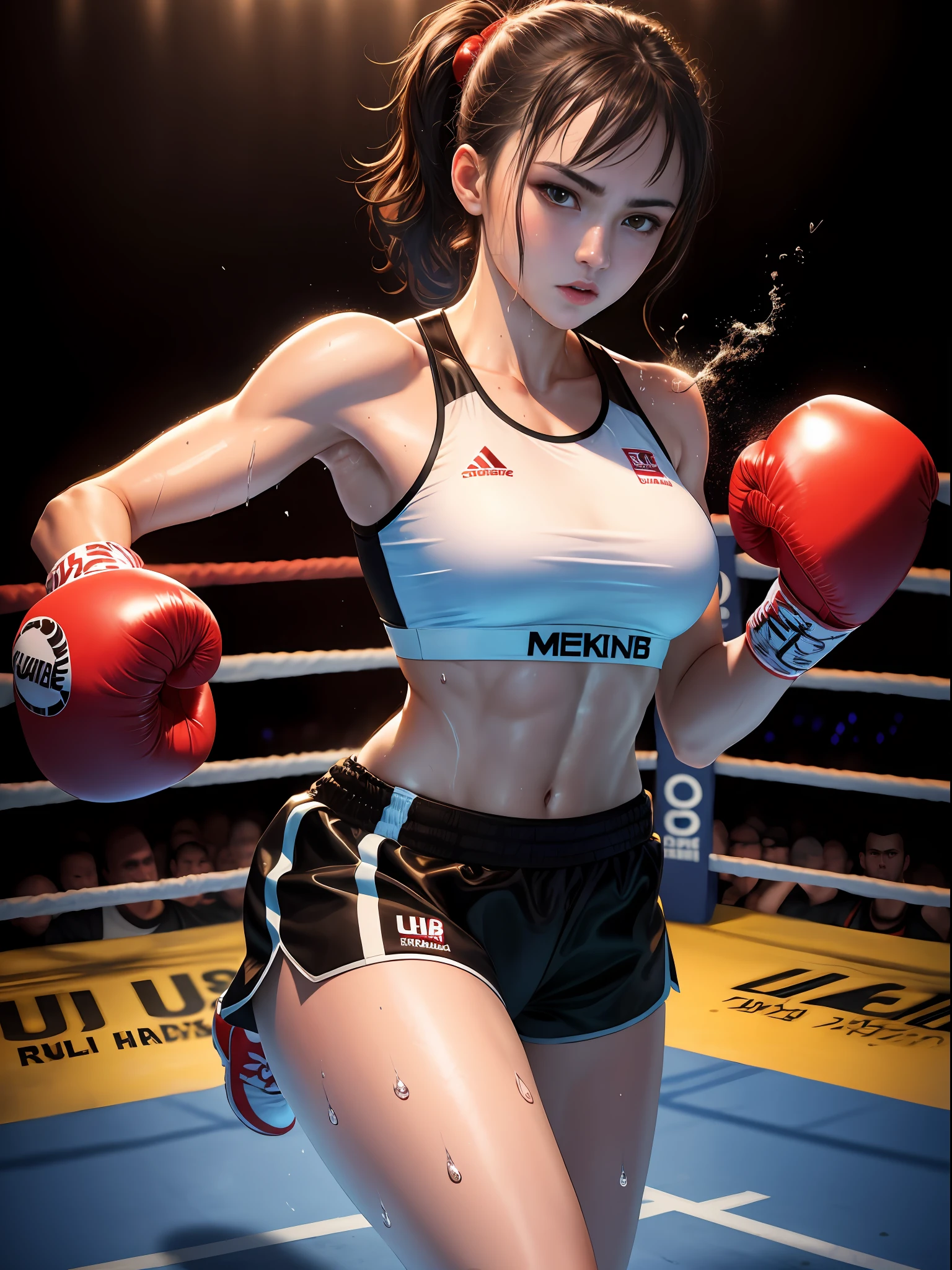 ((masterpiece)),((high resolution)), dramatic lighting, sharp focus, 16k uhd,
super realistic illustlation,1beautiful girl,boxing uniform,teenage girl,small face,large breasts, tone abs,nice legs,wet skins sweat,in boxing venue,dynamic shot