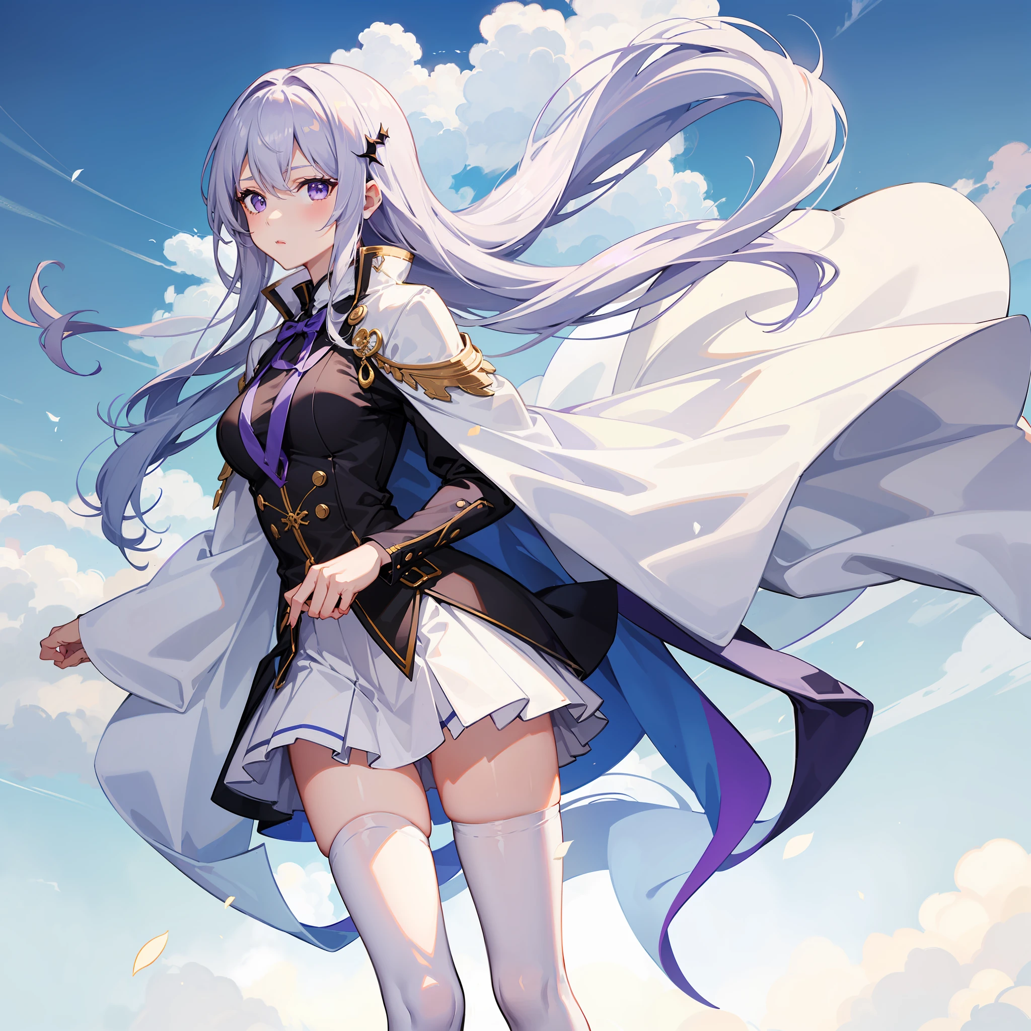 (one-girl:1.2)，long whitr hair，White gradient hair，Light purple eyes，short  skirt，Cloak，Light purple stockings。