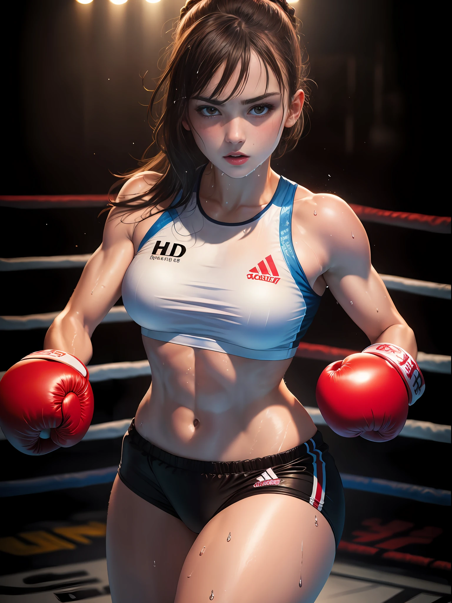 ((masterpiece)),((high resolution)), dramatic lighting, sharp focus, 16k uhd,
super realistic illustlation,1beautiful girl,boxing uniform,age girl,small face,large breasts, tone abs,nice legs,wet skins sweat,in boxing venue,dynamic shot