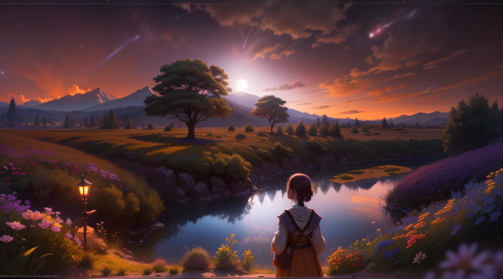 Expansive landscape photograph, (view from below with a view of the sky and the wilderness below), girl standing in a flower field looking up, (full moon: 1.2), (shooting star: 0.9), (nebula: 1.3), distant mountain, tree break production art, (warm light source: 1.2), (firefly: 1.2), lamp, purple and orange, intricate detail, volume lighting BREAK (masterpiece: 1.2), (highest quality ), 4k, ultra-detailed, (dynamic configuration: 1.4), highly detailed and colorful details (iridescent: 1.2), (sparkling lighting, atmospheric lighting), dreamy, magical, (solo: 1.2)