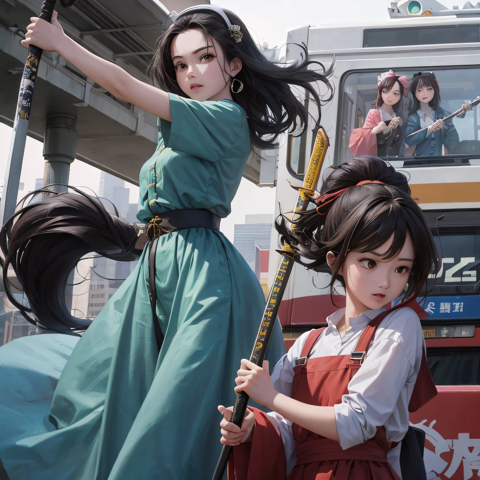 The three Maoyan sisters stand on top of the light rail，Wielding a katana --auto