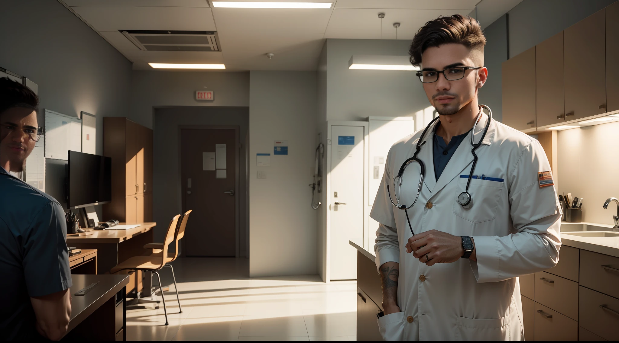 "ultra-detalhado, melhor qualidade, Illustration: 26-year-old medical man, Masterpiece haircut style of a kind and experienced doctor, in a sterile and well-lit environment, with glasses and stethoscope, surrounded by various medical equipment, incluindo seringas e ferramentas de exame, Representing a sense of comfort, Security man, e expertise