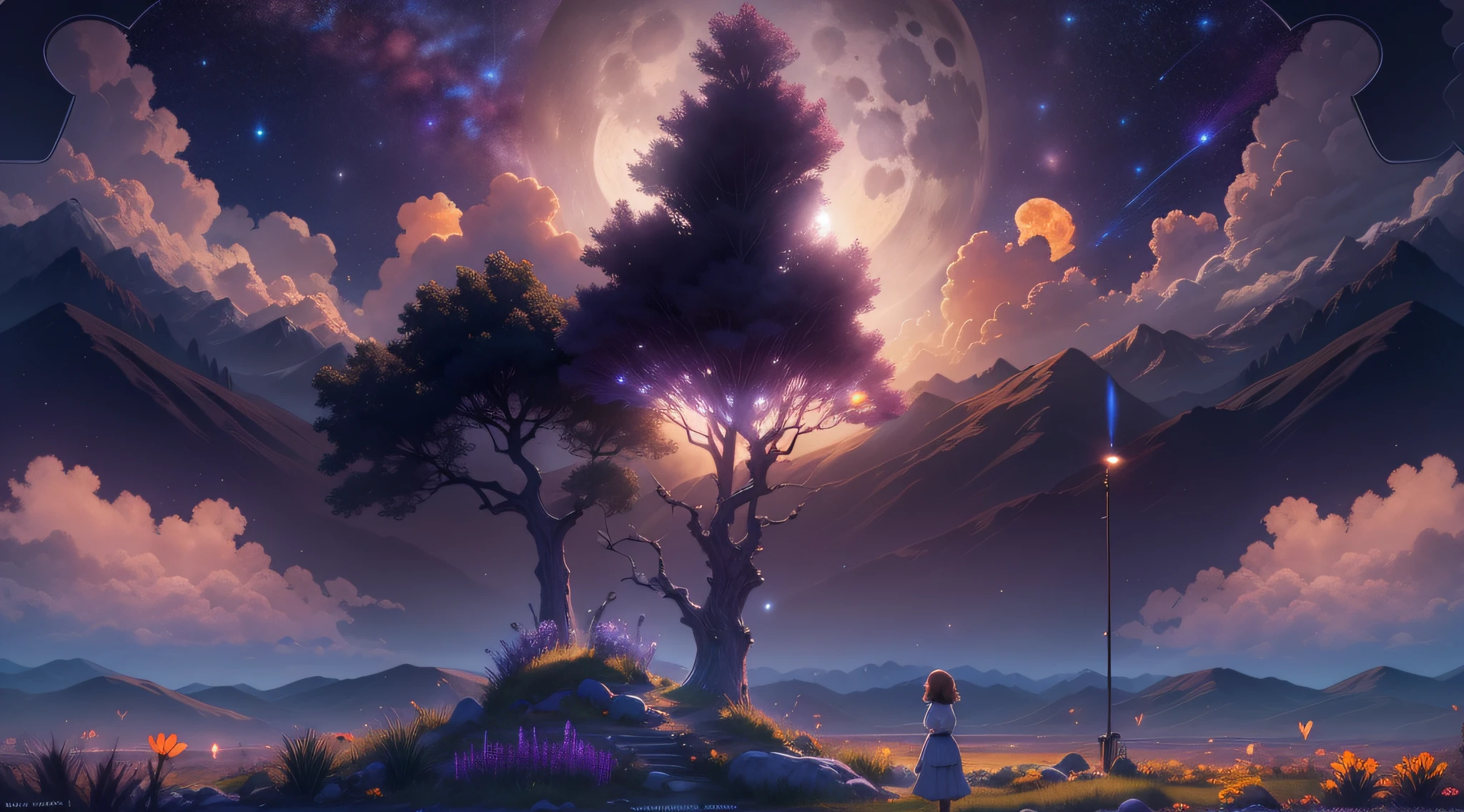 Expansive landscape photograph, (view from below with a view of the sky and the wilderness below), girl standing in a flower field looking up, (full moon: 1.2), (shooting star: 0.9), (nebula: 1.3), distant mountain, tree break production art, (warm light source: 1.2), (firefly: 1.2), lamp, purple and orange, intricate detail, volume lighting BREAK (masterpiece: 1.2), (highest quality ), 4k, ultra-detailed, (dynamic configuration: 1.4), highly detailed and colorful details (iridescent: 1.2), (sparkling lighting, atmospheric lighting), dreamy, magical, (solo: 1.2)