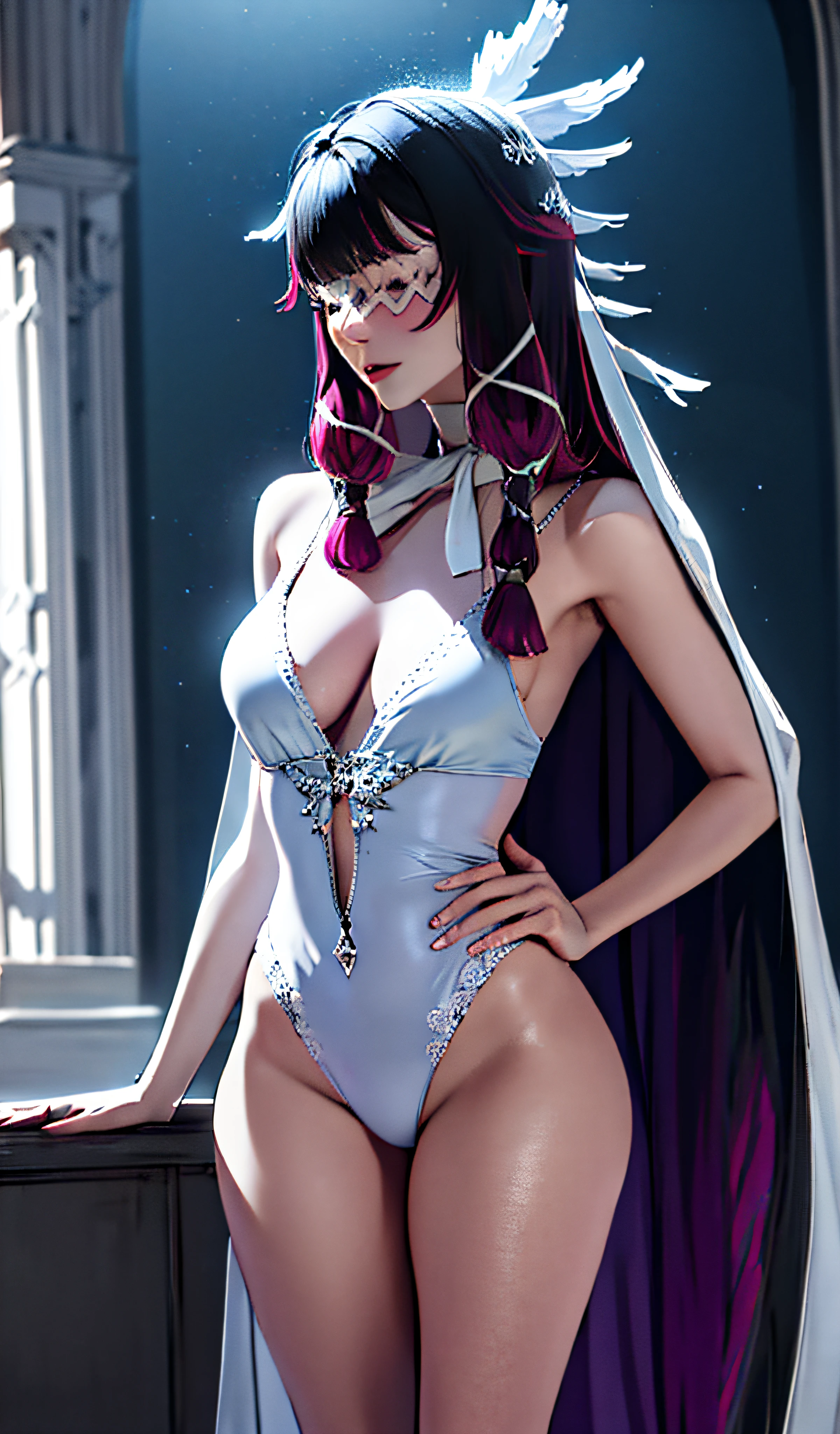 ((tmasterpiece,best qualtiy)),perfect detail,Unity 8k壁纸,offcial art,Genshin Impact,Young and beautiful girl,独奏 , flatchest,shiny skins,Gorgeous Hair in Long Purple,Exquisite Hair,Short smile,eye closeds,Keep your eyes closed,((White grid-like veil)),A shy expression , sexyposture,(Perfect Finger),seduce,seductiv,standing on your feet,In the background is a fantastic church,As estrelas,themoon,thin fog,rim-light,Realistic light and shadow,closeup cleavage, Head wings, White silk long legs, Beth, Pointy ears