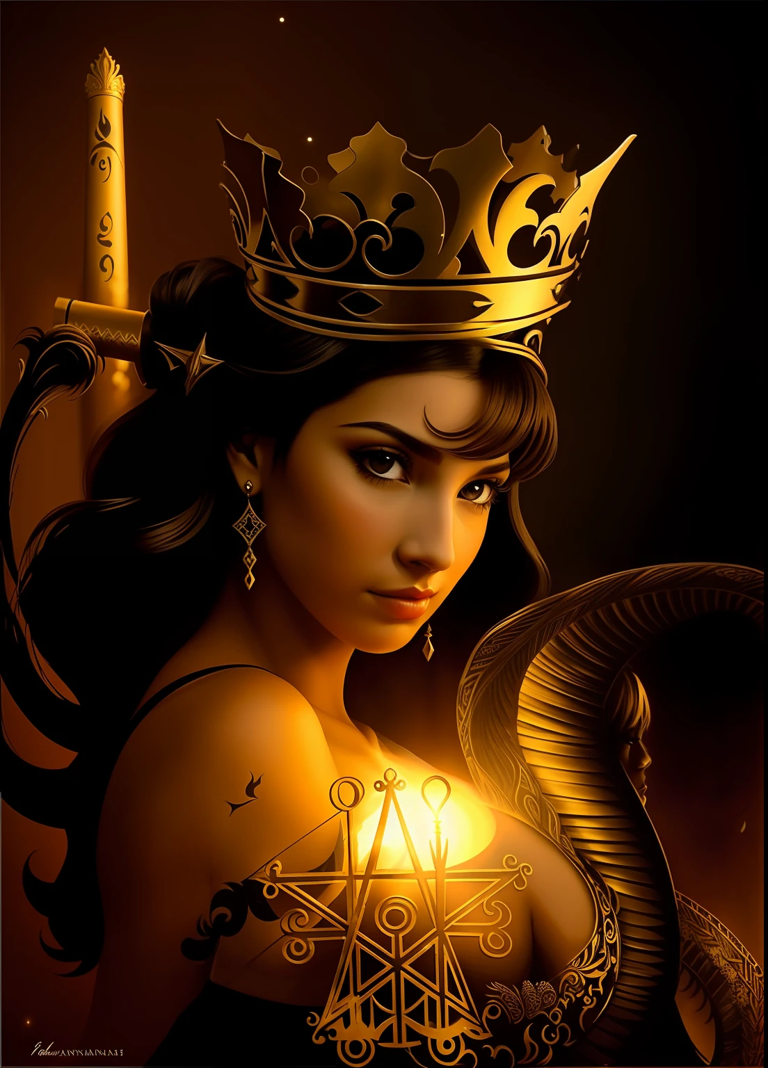 a black and white photo of a woman with a crown on her head, Rainha do Inferno, Fantasia sombria misturada com realismo, cobras a direita, Rainha das Trevas, deusa. Detalhes extremamente altos, arte detalhada da capa, Rainha do Submundo, Arte digital escura, mas detalhada, no estilo da arte da fantasia sombria, godess do mal