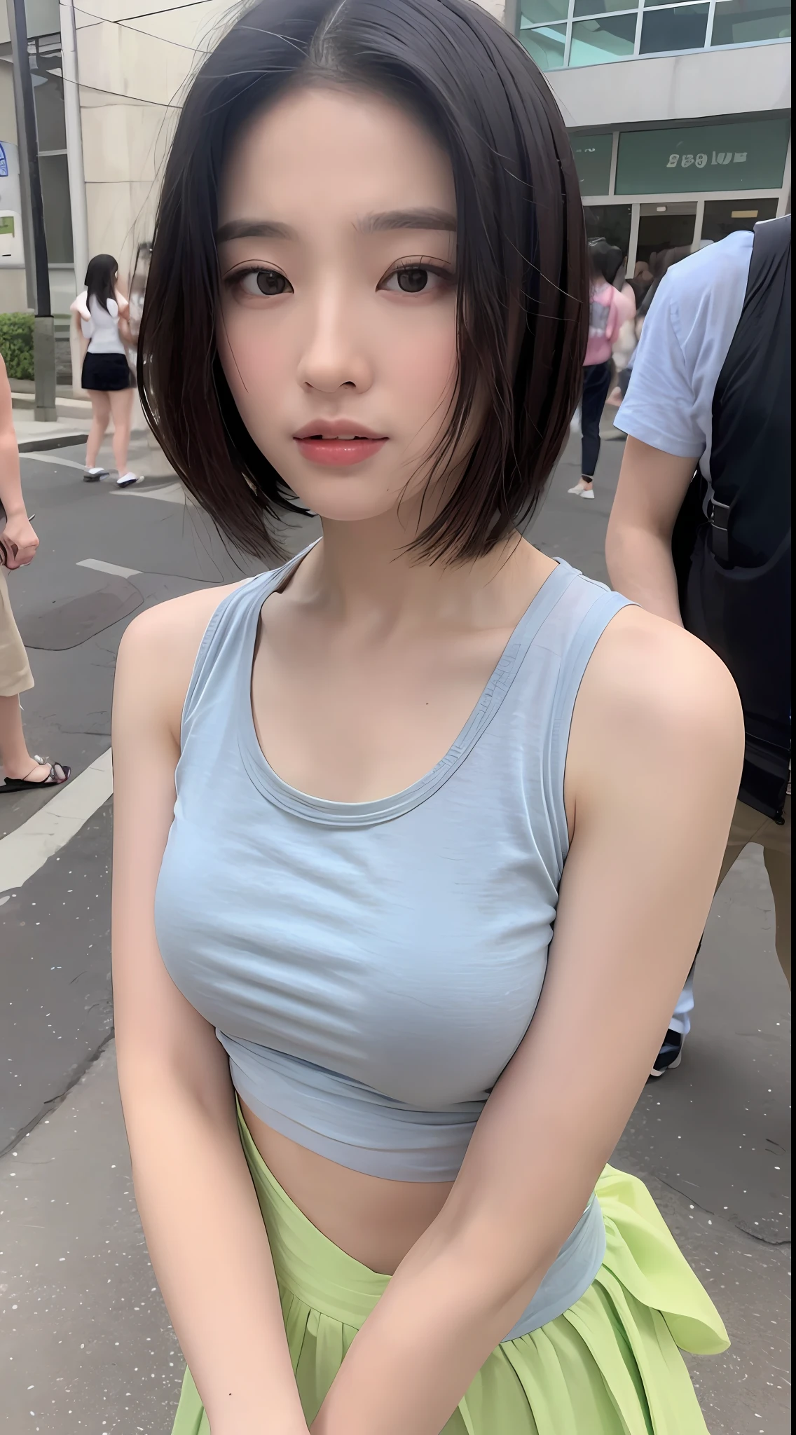 ((Best quality, 8k, Masterpiece :1.3)), Sharp focus :1.2, perfect figure beautiful woman:1.4, Slim abs:1.2, ((Short hair in layers:1.2)), (Tank top shirt:1.1 ), (the street:1.2), Highly detailed facial and skin texture, A detailed eye, 二重まぶた