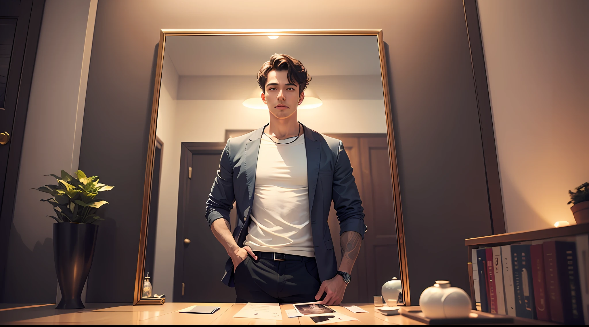 "Imagine a confident and resilient man, com uma postura ereta e um olhar determinado em seu rosto. He's standing in front of a mirror, vestindo roupas elegantes que combinam com sua atitude segura e autoestima elevada. The surrounding environment is bright and inspiring, with a minimalist and motivational decoration on the walls, refletindo a mentalidade positiva do homem. He holds a card with words of self-love and worth, constantly reminding yourself of your importance and your accomplishments. Man is surrounded by elements that represent his passions and achievements, como livros, musical instruments or symbols of your career. The image conveys the message that man recognizes his own worth and loves himself unconditionally, finding strength and motivation in your own achievements and qualities. The expression on your face should reflect the confidence and contentment that come from valuing and caring for yourself. The image should inspire viewers to cultivate their own self-esteem and recognize their unique and individual value.” --auto