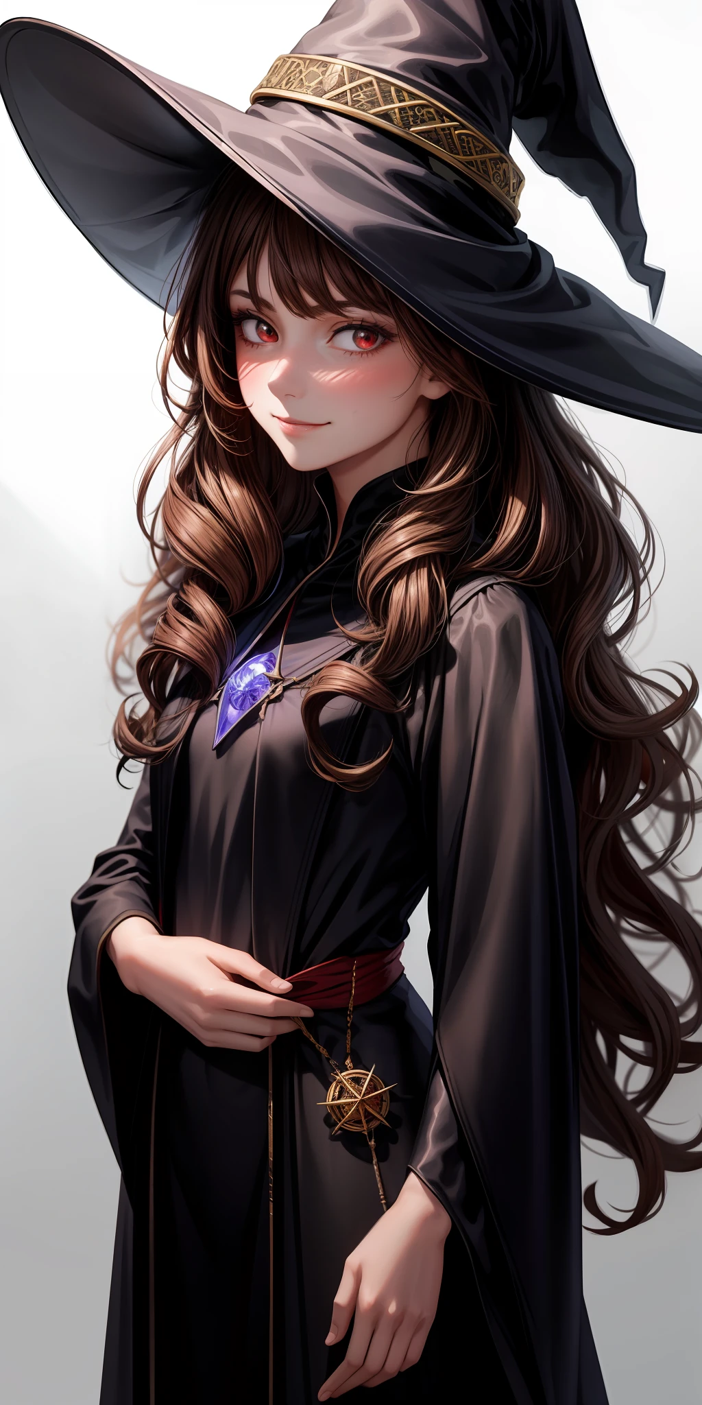 realistic, 1girl, brown hair, red irises, glowing red irises, red eye color, grinning, blush, invisible background, straight hair, long hair, curled ends of hair, curly strands end, straight hair in back, flat chested, black robes, witch clothes, black witch hat, black witch clothes, witch, fully clothed, (irises red), full witch robes, modest, portrait