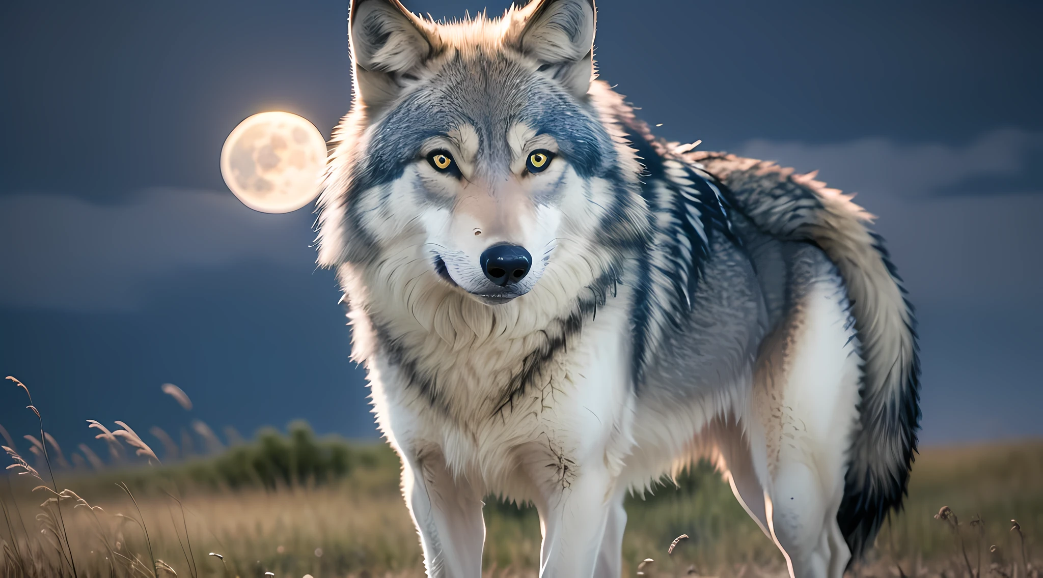 A wolf on a moonlit night on the steppe