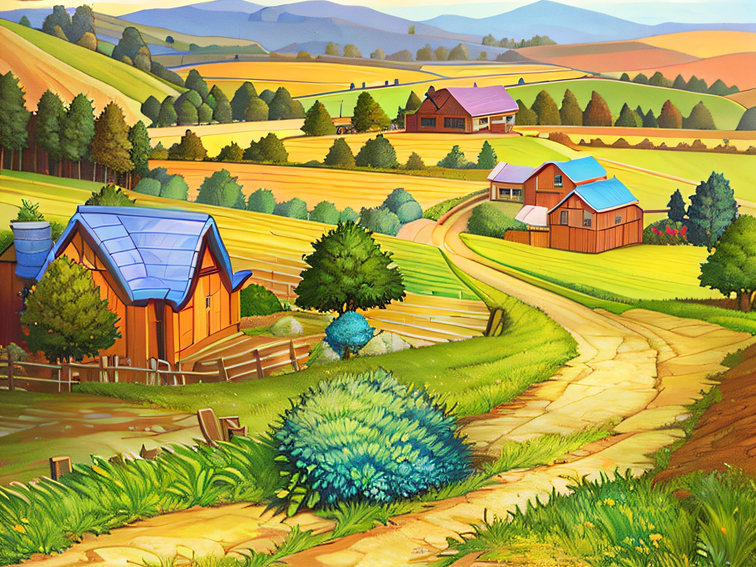 high quality comic of country road winding through fields and pastures and hills by artist john sloane