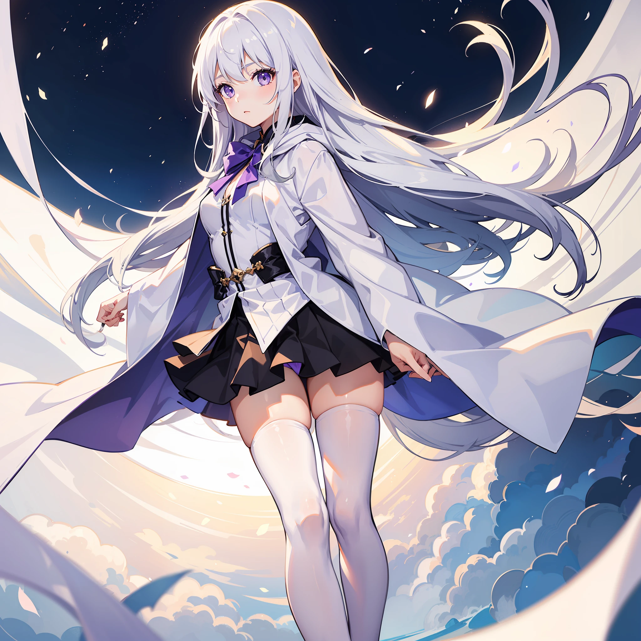 (one-girl:1.2),long whitr hair,White gradient hair,Light purple eyes,short skirt,Cloak,Light purple stockings。