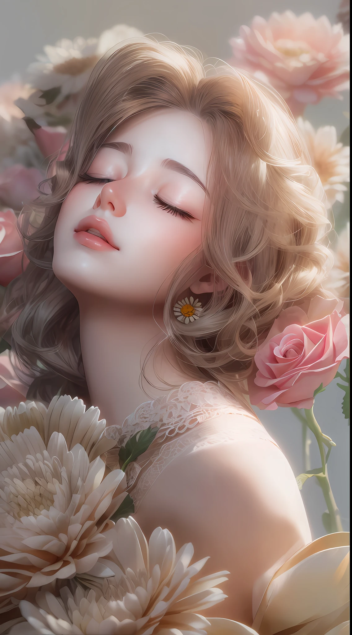 illustration: 1.3), Ragdolls, 3D rendering of, , (Beautiful side face, closing her eyes: 1.3), (Rose: 1.2) (chrysanthemums: 1.2), , Best quality, Detailed details, Masterpiece, offcial art, movie light effect, 4K, Chiaroscuro , Flash
