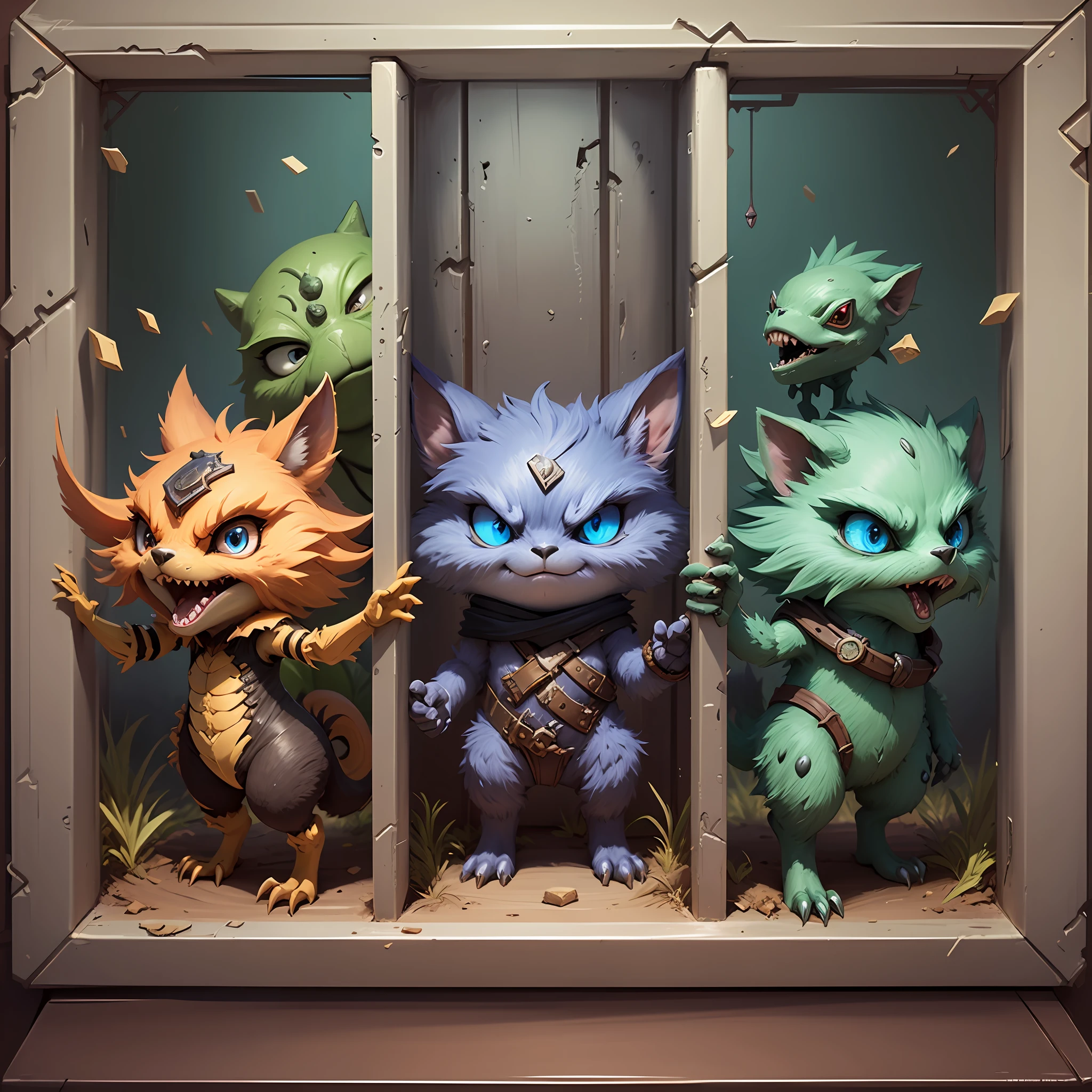 best qualtiy，tmasterpiece，Need，（（Sealed wasteland punk creatures）），guarding，supporting，Hearthstone painting style，Funny expressions，Complex structures，Red and blue color scheme，Non-human（Soil attribute 1.2），Flattening（1.4），Textured，Dark simple background --auto --s2