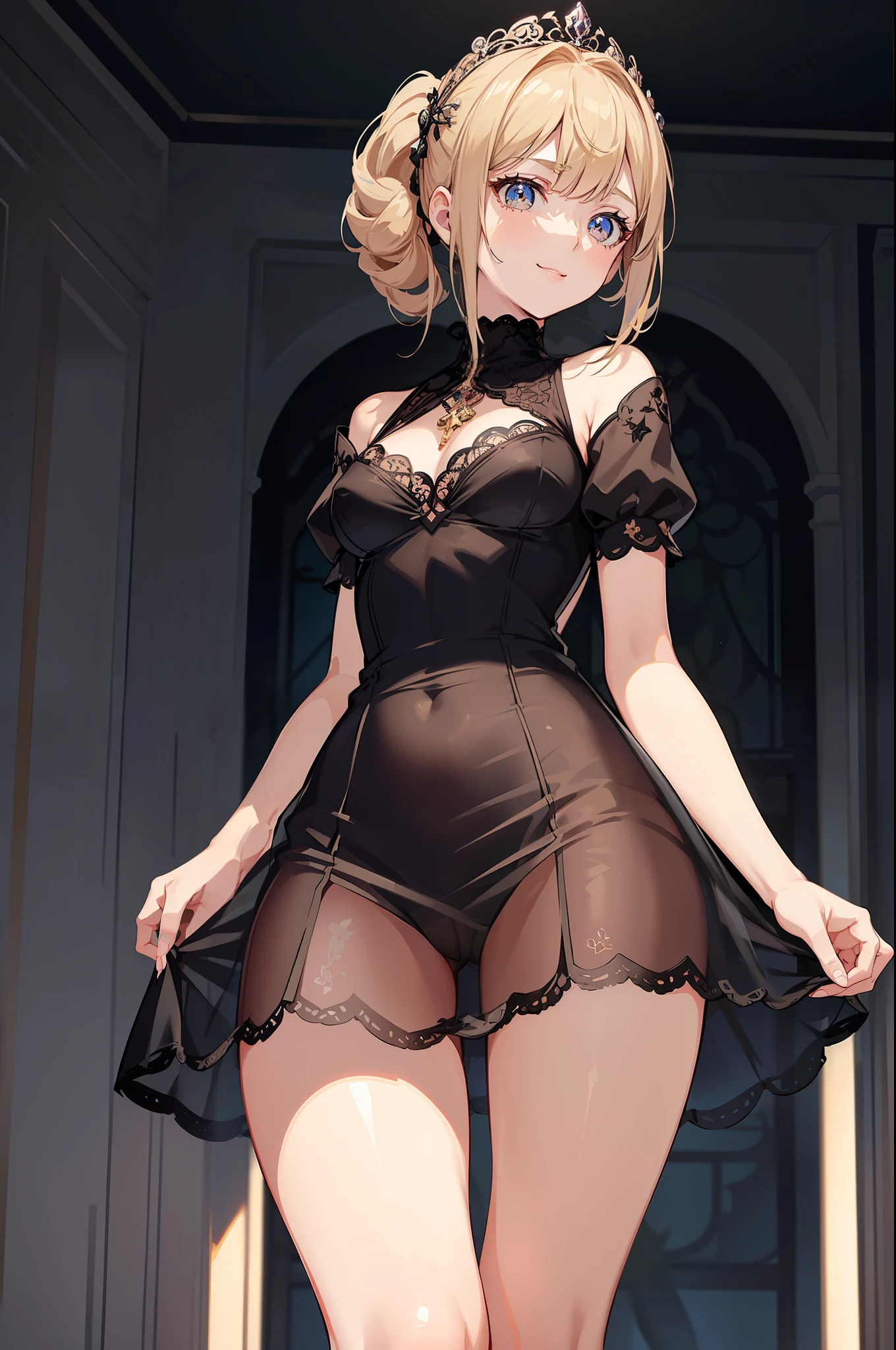 (masutepiece), (Best Quality), (ultra-detailliert),(disheveled hair),(Illustration), (1 cute girl), (Fashionable clothing), Standing, Fashion Model, Looking at Viewer, (interview), (vip room),Beautiful detailed eyes, Delicate beautiful face, Smile, (Shining), Focus on Face, Ponytail, (blond), Bangs, (hairaccessories), (Delicate and beautiful very see-through made dresses and mini skirts :1.4), The best lighting, Best Shadow, (Stand :1.4), (Delicate and beautiful embroidered lace panties show through:1.3), cleavage, (up skirt, From below, :1.5), (legwear very), (POV, Cowboy Shot:1.4),