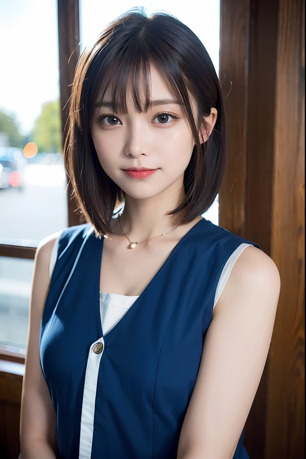 (((Medium hair))), Top Quality, 8K, HDR, Hi-Res, Absurdity: 1.2, Photography, (RAW Photos: 1.2), (Photorealistic: 1.4), (Masterpiece: 1.3), (Complex Details: 1.2), 1 Girl, Solo, Japan girls, Delicate and beautiful details, (Detailed eyes), (Detailed facial features), Petite, (Small breasts))), Toned Skin, ( looking_at_viewer), from_front, (Skinny), (Best Quality: 1.4), (Ultra High Definition: 1.2), Cinemalite, (Extreme Detail Illustration), (Lip Gloss, Best Quality, Ultra High Resolution, Depth of Field, Caustics, Broad Lighting, Natural Shading, 85mm, f / 1.4, ISO 200, 1/160 sec: 0.75), 1 girl, solo, ((blue vest))) smile, uniform, necklace, fashionable café: 1.3, black neat and clean clothes, Nogizaka idol, gravure idol, beauty