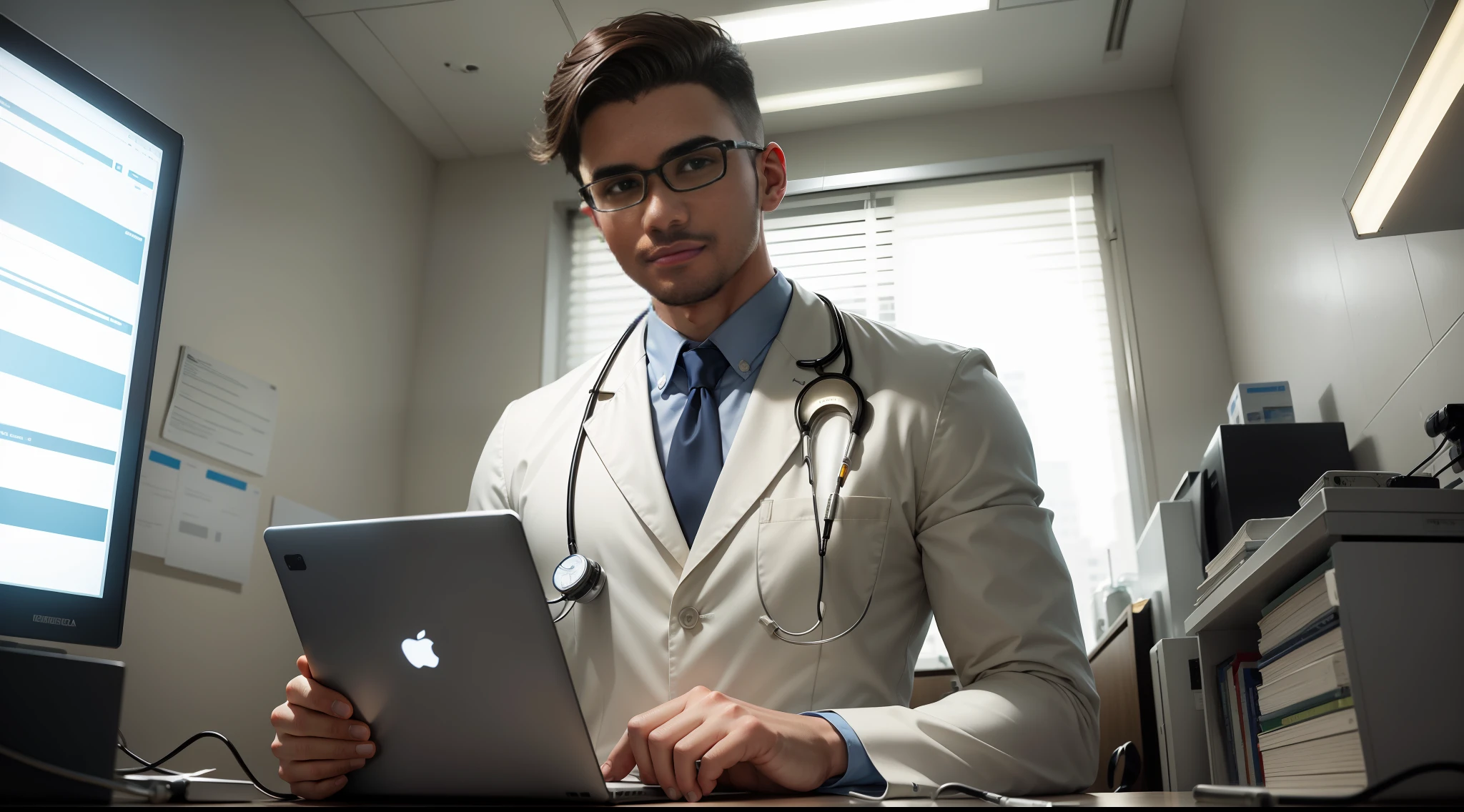 "ultra-detalhado, melhor qualidade, illustration: 26-year-old medical man, Masterpiece haircut style from a kind and knowledgeable doctor, in a sterile and well-lit environment, with glasses and stethoscope, surrounded by various medical equipment, incluindo seringas e ferramentas de exame, Representing a sense of comfort, Security man, e expertise