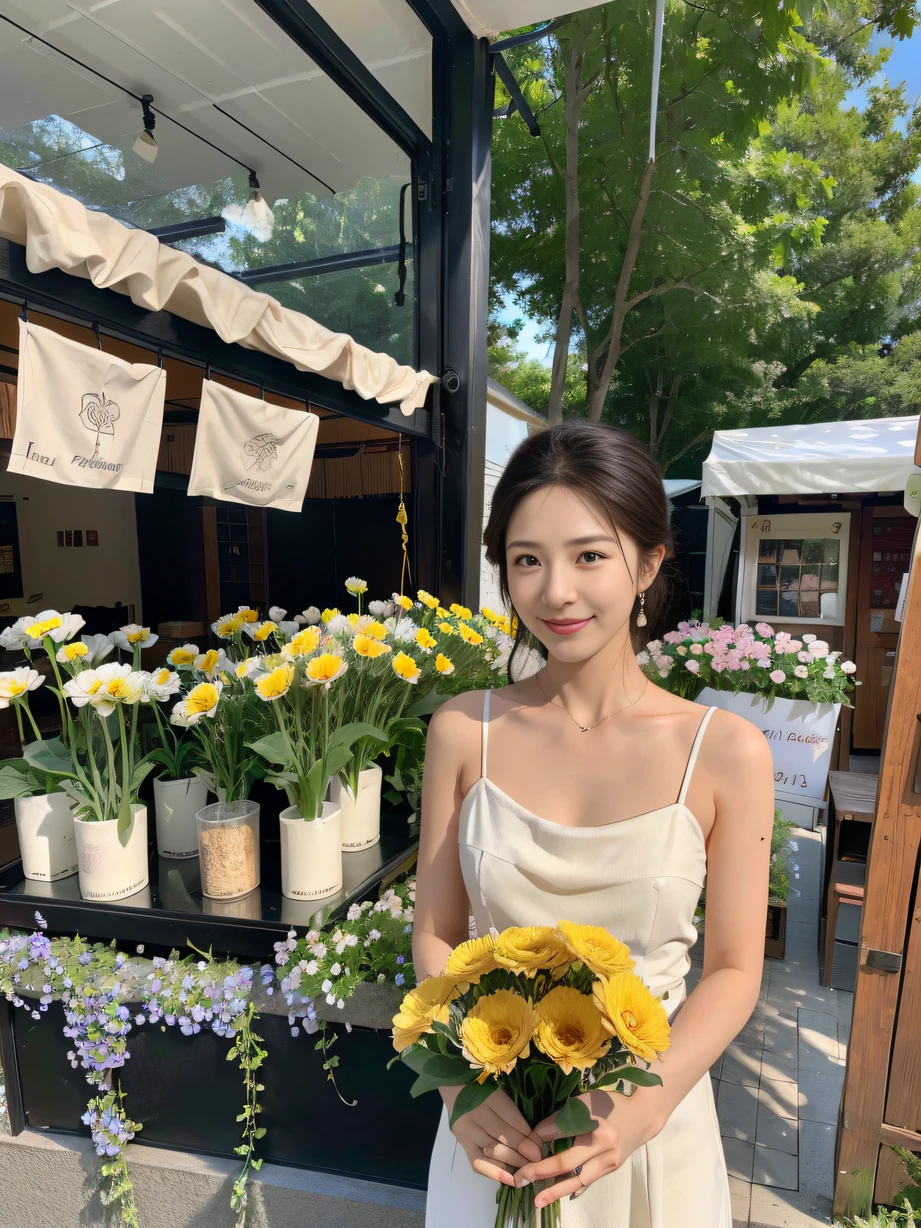 ,masterpiece, best quality,8k, ultra highres,Reallightandshadow,Cinema lenses,(beautidful eyes:1.1), ((中景 the scene is)),In an alley,The gentle goddess stands in front of a flower market stall。She held a bouquet of flowers in her hand,Gently smell the flowers。She smiled and talked to the stall owner,It was as if her voice and smile could be transmitted to the flowers,And spill warmth and joy to everyone who comes here。