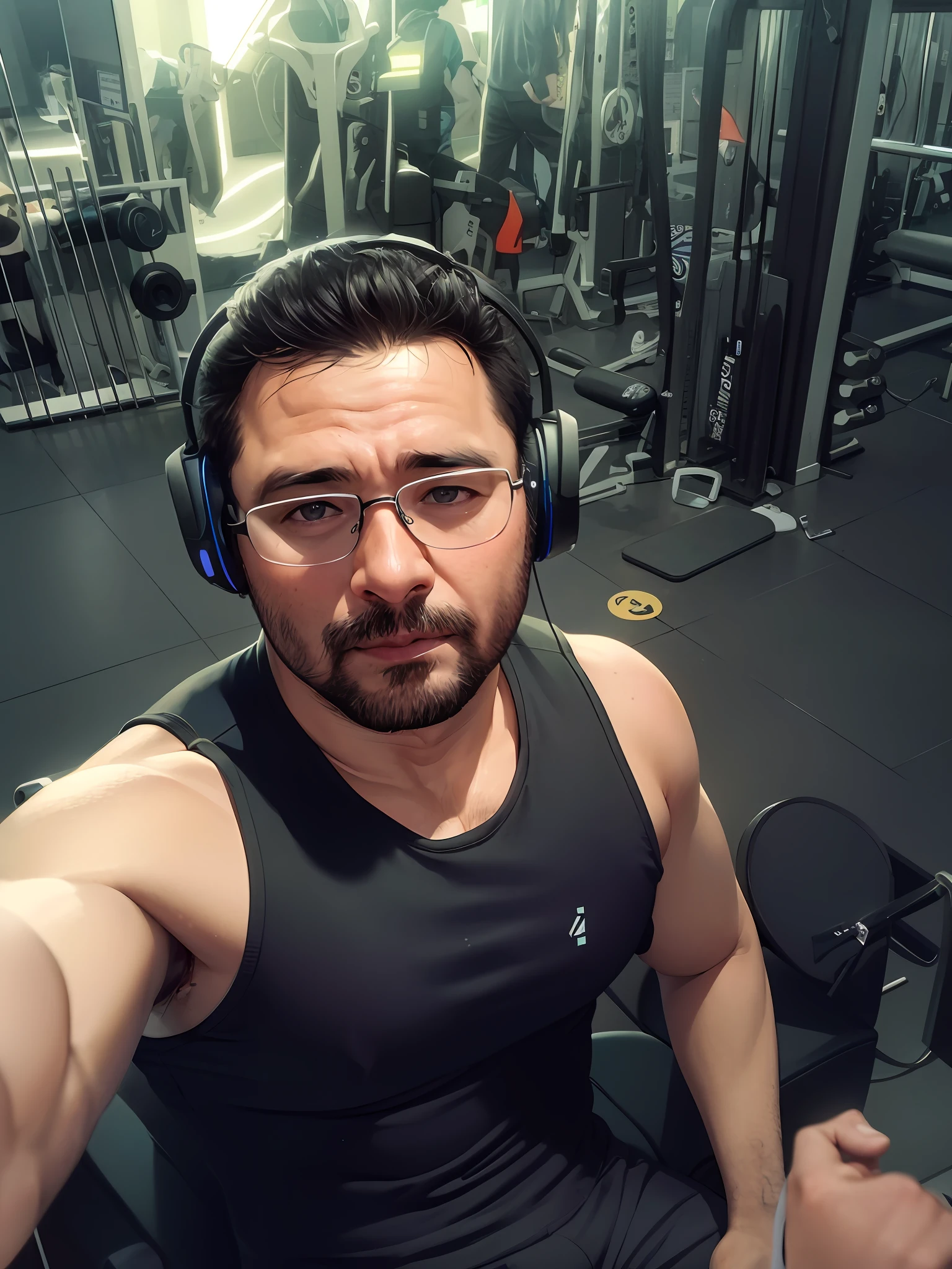 There's a man wearing headphones in a gym with a rack of equipment, em uma academia, malhar, com fones de ouvido, 38 anos, 2 7 anos, 3 2 anos, usando equipamento de fitness, 3 6 anos, foto fit, 3 5 anos, 35 anos, 2 9 anos, 2 8 anos, com fones de ouvido