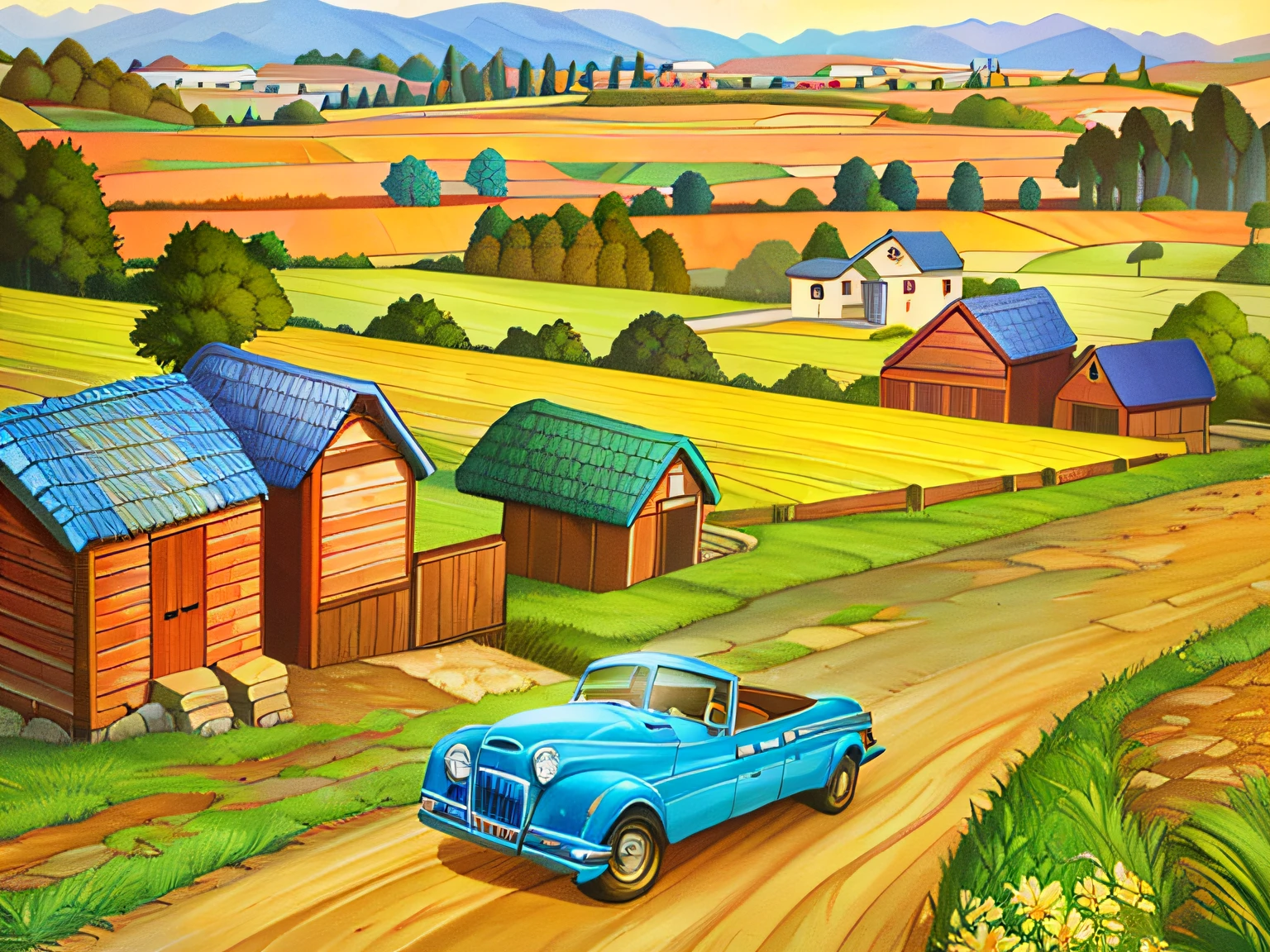 high quality comic of country road winding through fields and pastures and hills by artist john sloane