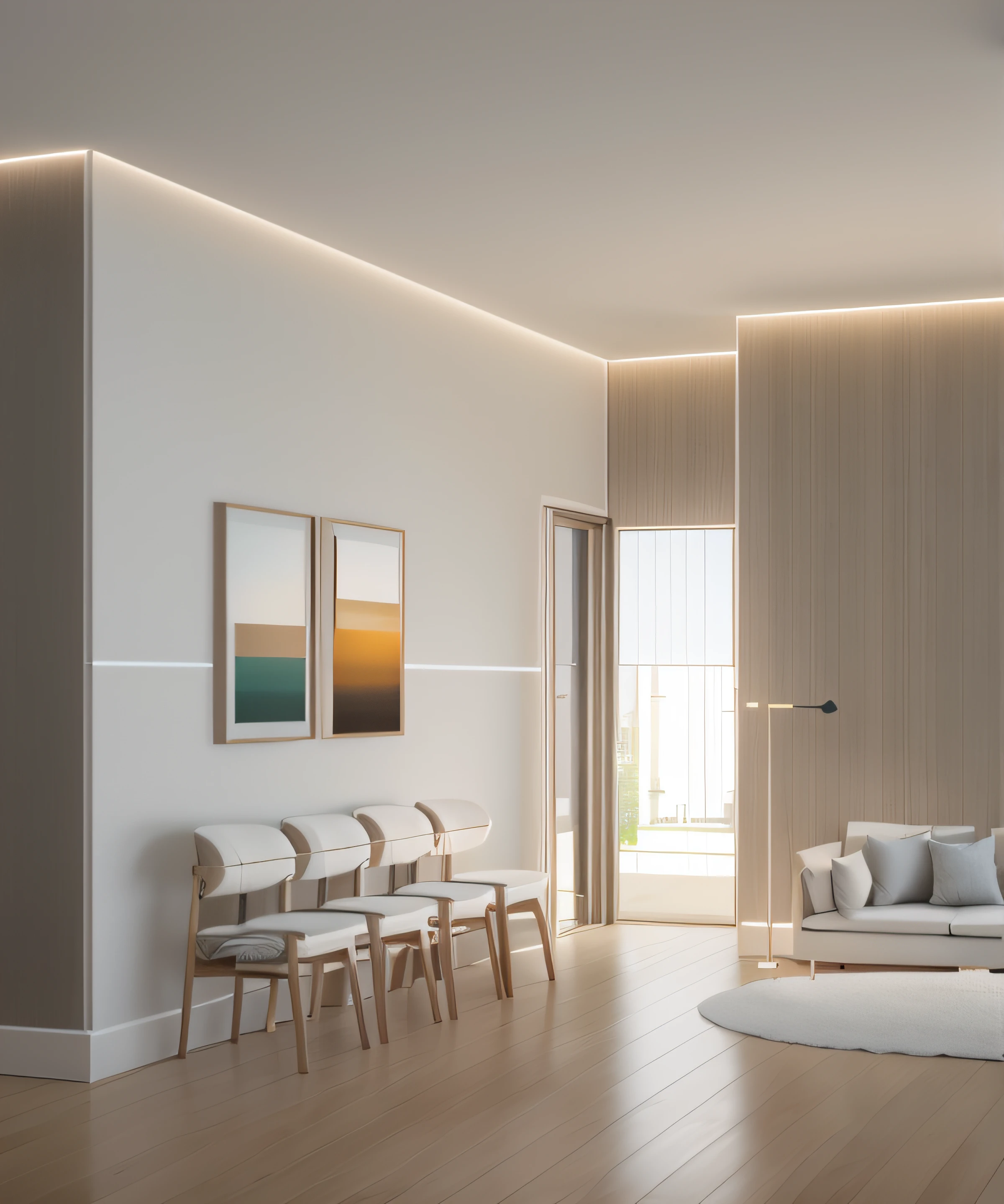 realistic rendering of a living room with a sofa, Cadeiras, and a floor lamp, detail render, Detailed rendering, Matte paint mix rendering, detailed render, 2 d render, physics based rendering, vue 3d render, high detail render, digital render, low angle dimetric rendering, desenho conceitual, photographic render, renderizado no enscape, physics based rendering, detailed 3d render, teto de gesso com spots de luz, luz entrado pela porta de vidro.