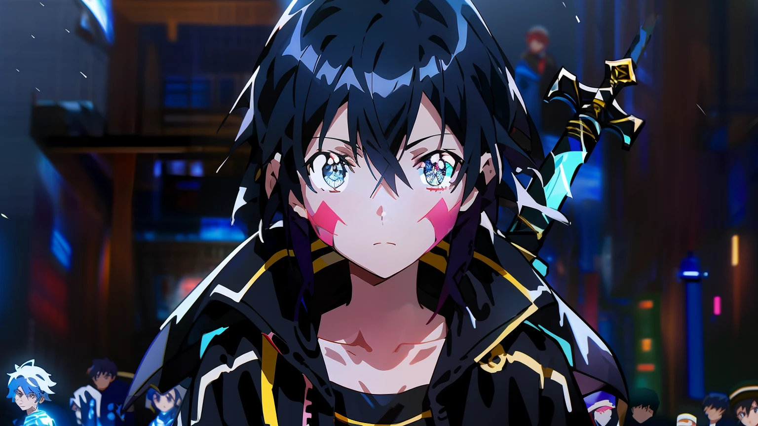 It burned violently at dawn,The sword,The scene at the end of the episode,Close-up Shot Shot,Kazuto Okada,Animated movie clock,Brilliant starry sky,《sword art online》The hero image is in ,Animation style from the 2012s,Colorful anime and manga styles,Charming young anime characters,The best picture of the moment,Magical animated stills。