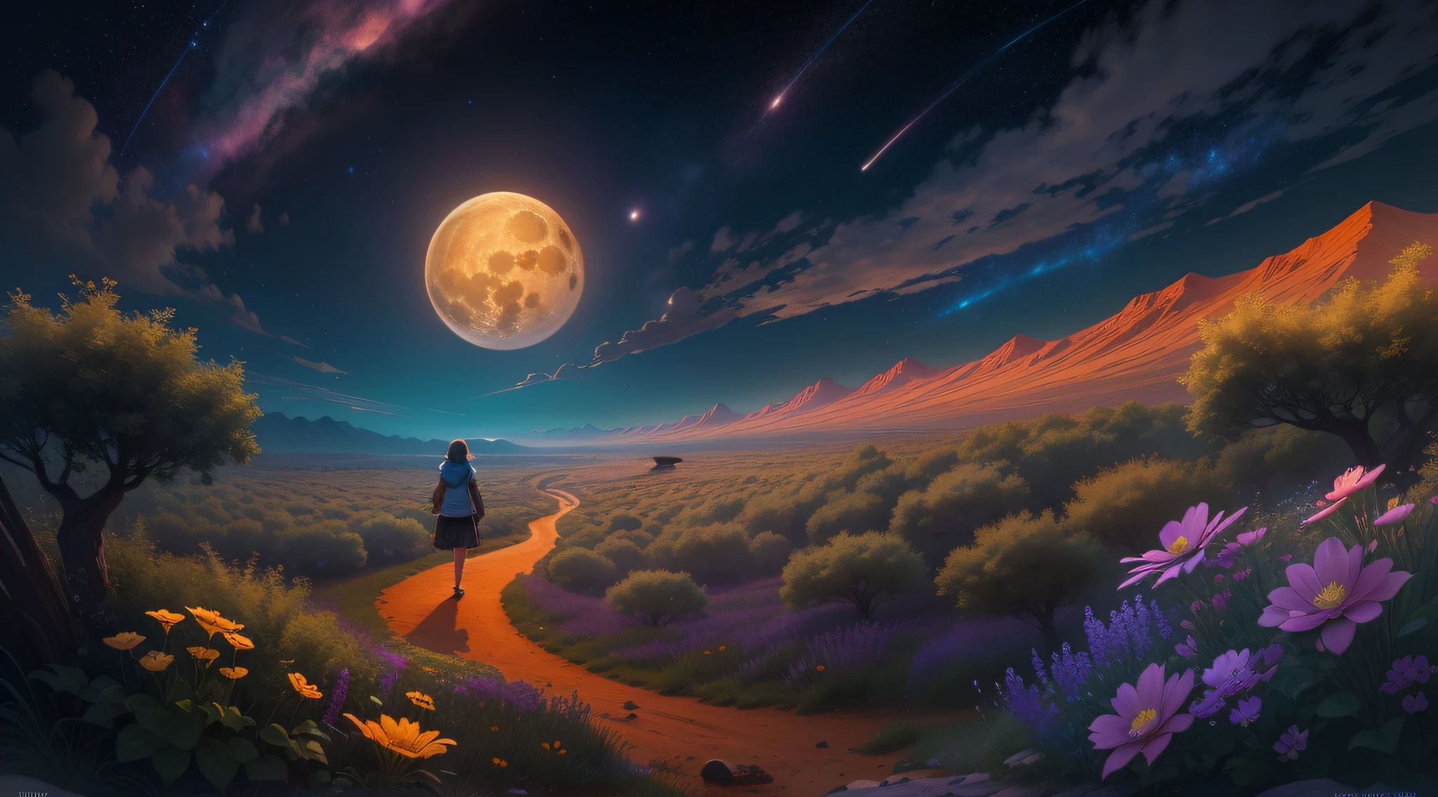 Expansive landscape photograph, (view from below with a view of the sky and the wilderness below), little girl standing in a flower field looking up, (full moon: 1.2), (shooting star: 0.9), (nebula: 1.3), distant mountain, tree break production art, (warm light source: 1.2), (firefly: 1.2), lamp, purple and orange, intricate detail, volume lighting BREAK (masterpiece: 1.2), (highest quality ), 4k, ultra-detailed, (dynamic configuration: 1.4), highly detailed and colorful details (iridescent: 1.2), (sparkling lighting, atmospheric lighting), dreamy, magical, (solo: 1.2)