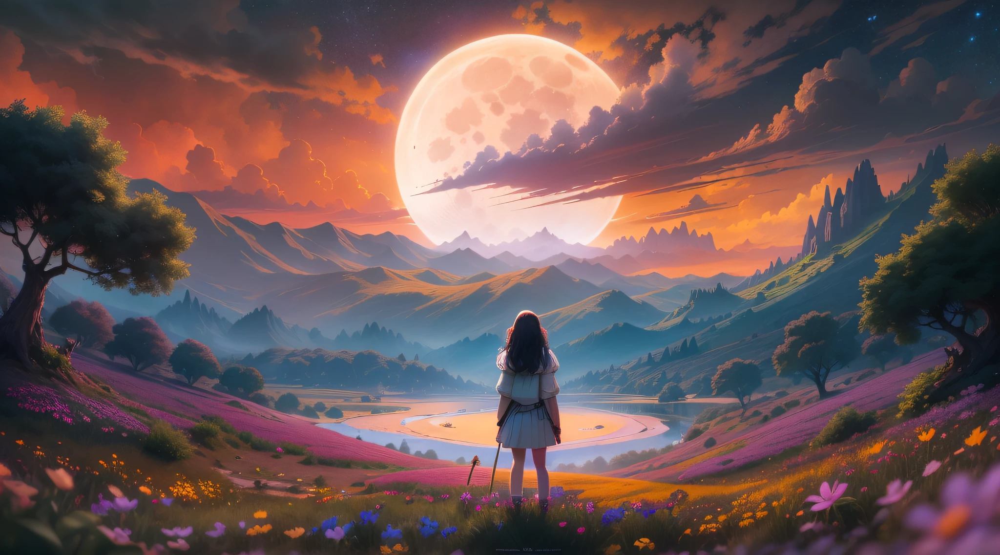 Expansive landscape photograph, (view from below with a view of the sky and the wilderness below), little girl standing in a flower field looking up, (full moon: 1.2), (shooting star: 0.9), (nebula: 1.3), distant mountain, tree break production art, (warm light source: 1.2), (firefly: 1.2), lamp, purple and orange, intricate detail, volume lighting BREAK (masterpiece: 1.2), (highest quality ), 4k, ultra-detailed, (dynamic configuration: 1.4), highly detailed and colorful details (iridescent: 1.2), (sparkling lighting, atmospheric lighting), dreamy, magical, (solo: 1.2)