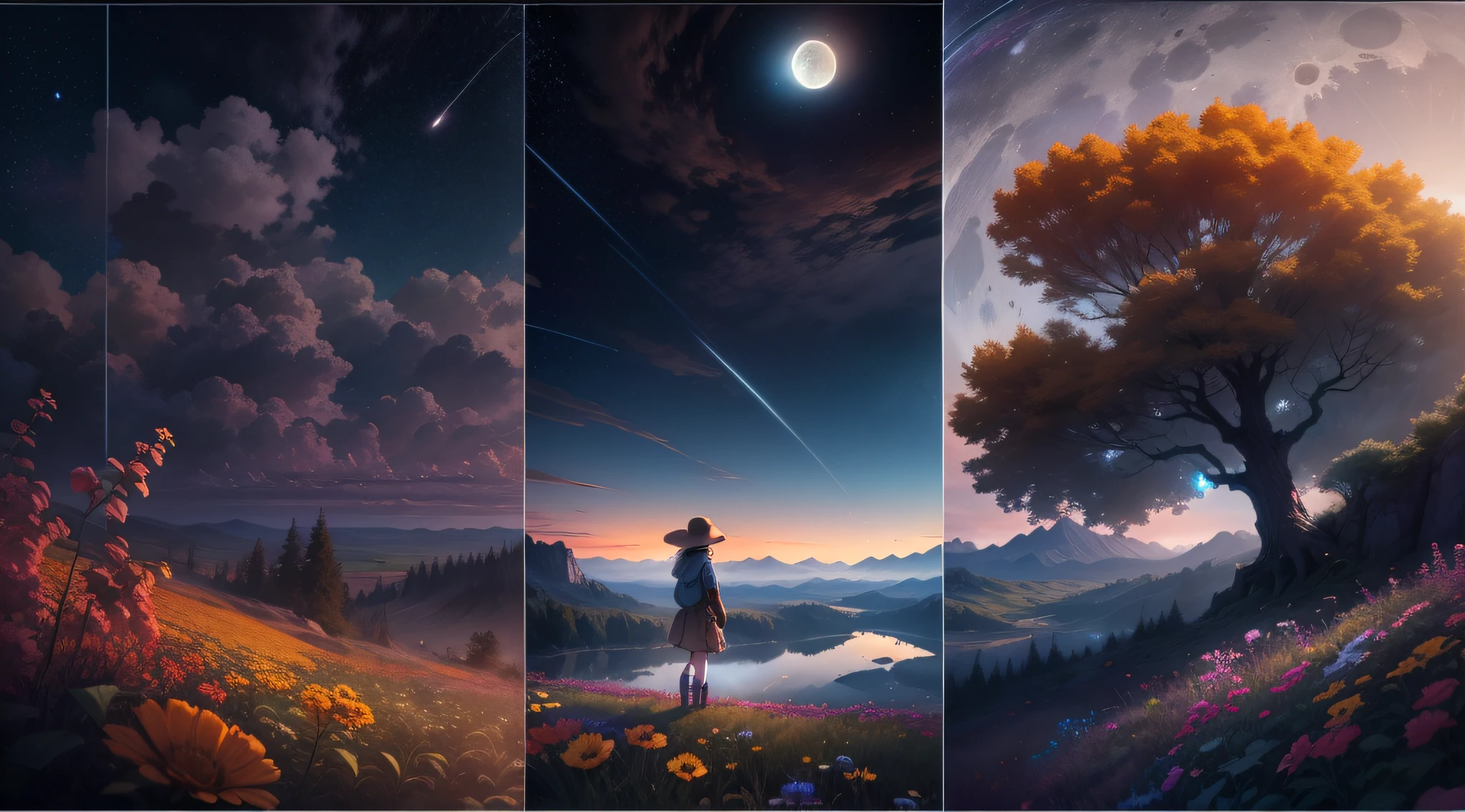Expansive landscape photograph, (view from below with a view of the sky and the wilderness below), little girl standing in a flower field looking up, (full moon: 1.2), (shooting star: 0.9), (nebula: 1.3), distant mountain, tree break production art, (warm light source: 1.2), (firefly: 1.2), lamp, purple and orange, intricate detail, volume lighting BREAK (masterpiece: 1.2), (highest quality ), 4k, ultra-detailed, (dynamic configuration: 1.4), highly detailed and colorful details (iridescent: 1.2), (sparkling lighting, atmospheric lighting), dreamy, magical, (solo: 1.2)