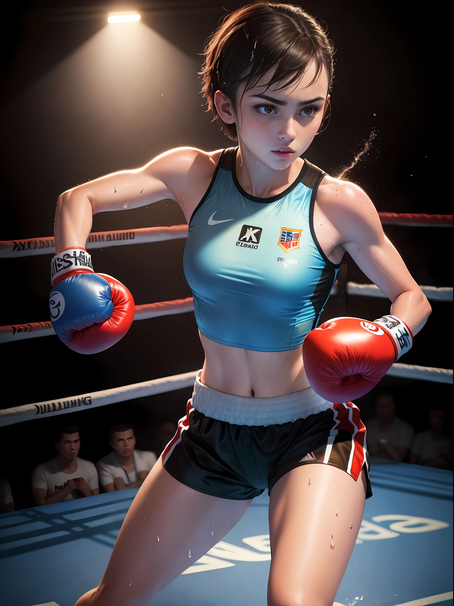 ((masterpiece)),((high resolution)), dramatic lighting, sharp focus, 16k uhd,
super realistic illustlation,1beautiful girl,boxing uniform,teenage girl,small head short hair shaved,well trained body,nice legs,wet skins sweat,in boxing venue,