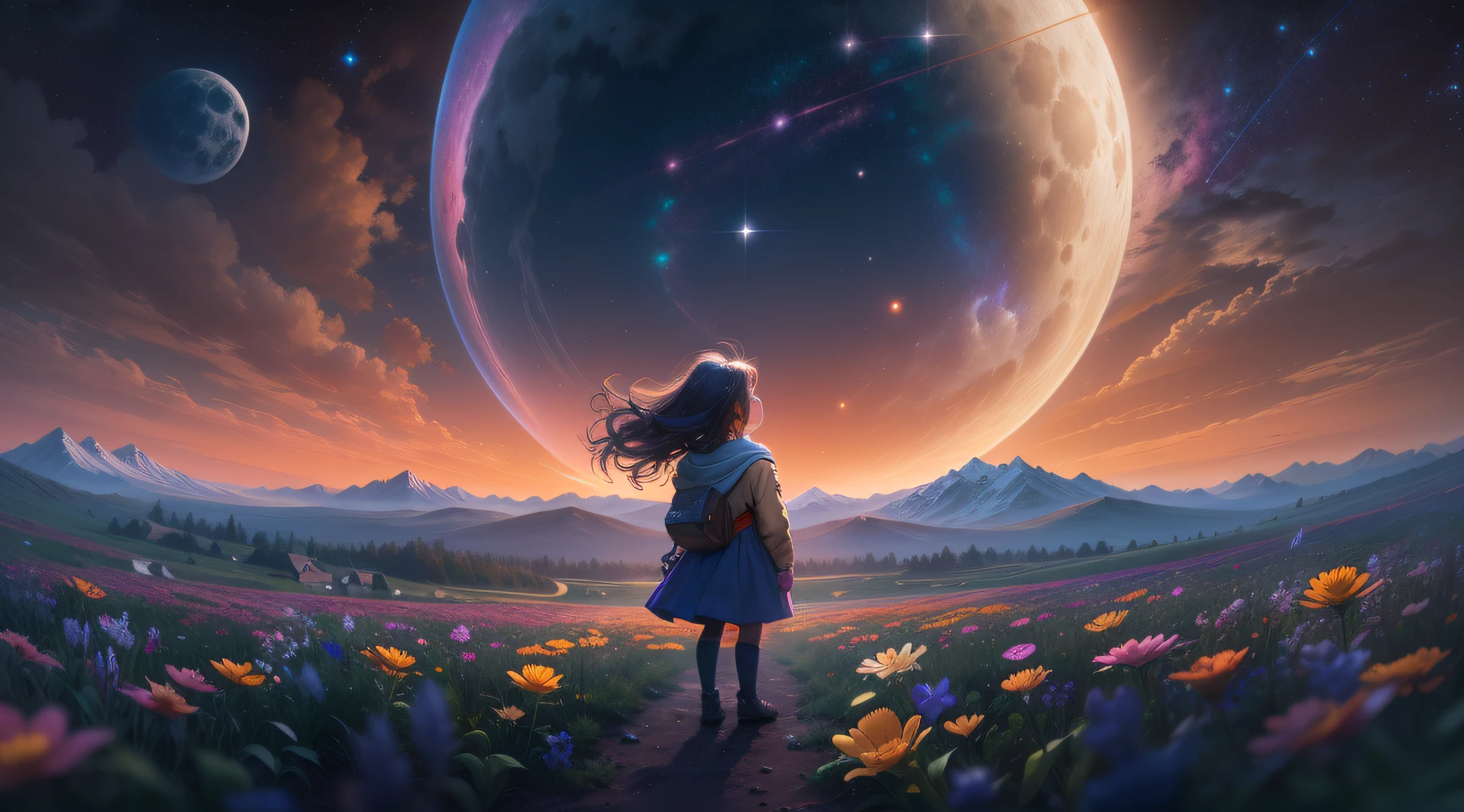 Expansive landscape photograph, (view from below with a view of the sky and the wilderness below), girl standing in a flower field looking up, (full moon: 1.2), (shooting star: 0.9), (nebula: 1.3), distant mountain, tree break production art, (warm light source: 1.2), (firefly: 1.2), lamp, purple and orange, intricate detail, volume lighting BREAK (masterpiece: 1.2), (highest quality ), 4k, ultra-detailed, (dynamic configuration: 1.4), highly detailed and colorful details (iridescent: 1.2), (sparkling lighting, atmospheric lighting), dreamy, magical, (solo: 1.2)